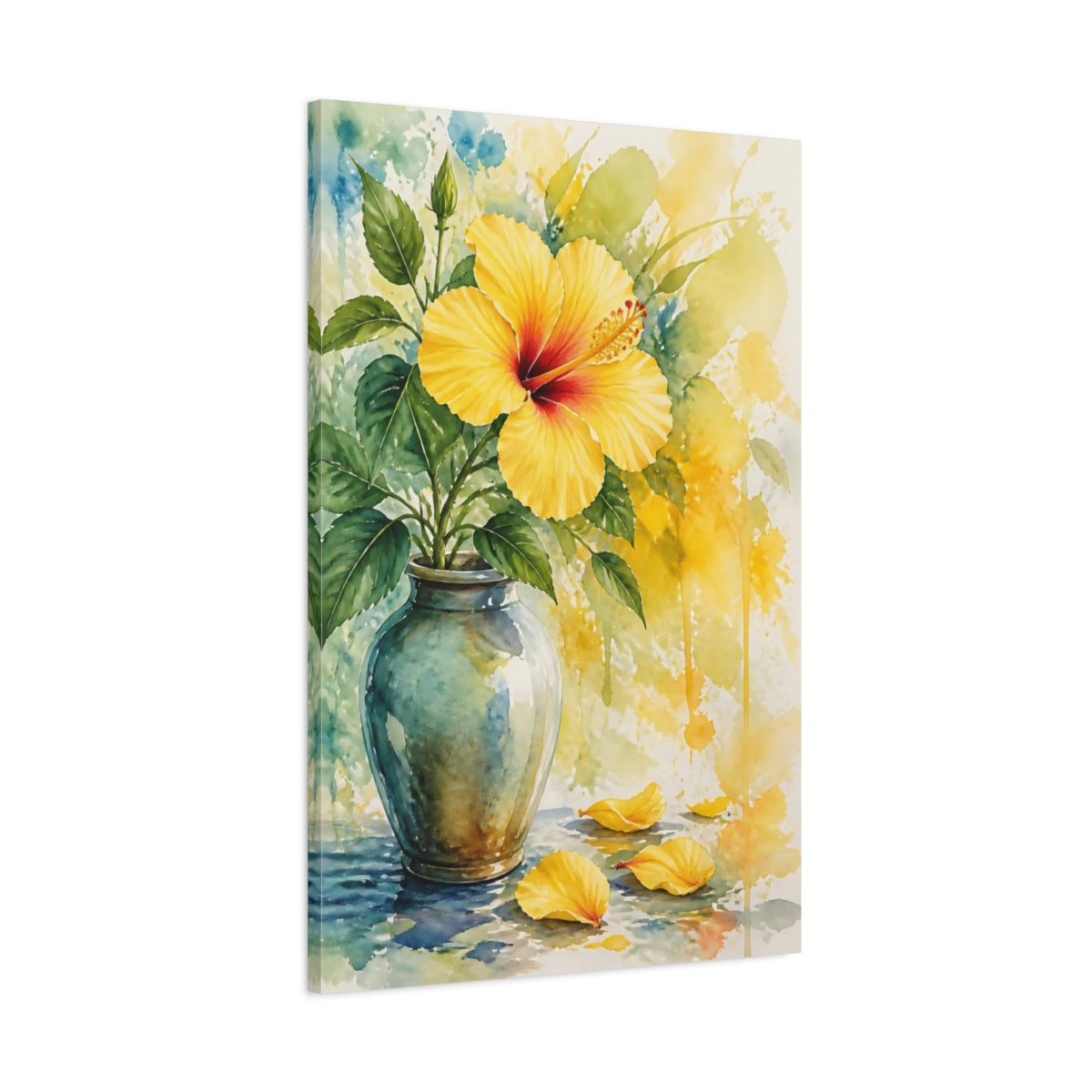 Main Mockup. Yellow Hibiscus Floral Study shown as canvas print