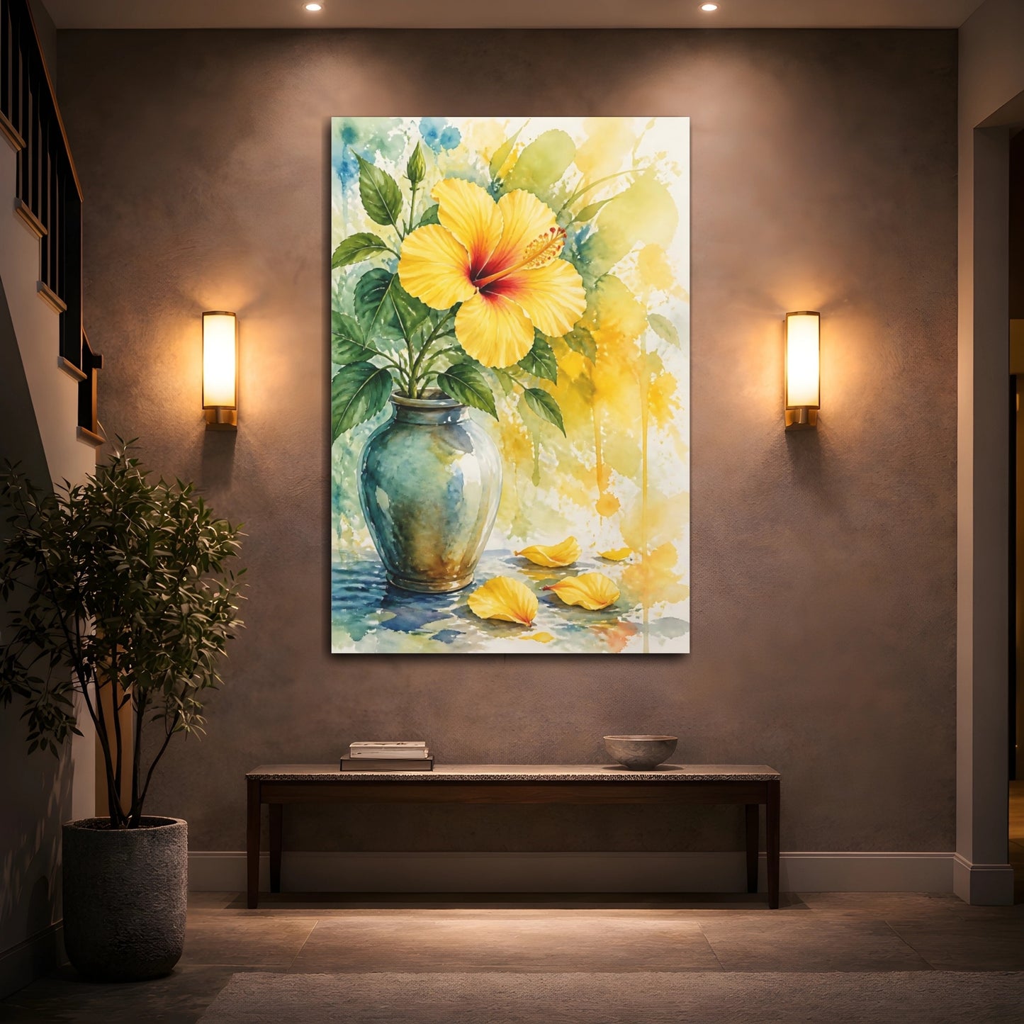 Mockup 2. Yellow Hibiscus Floral Study shown as canvas print
