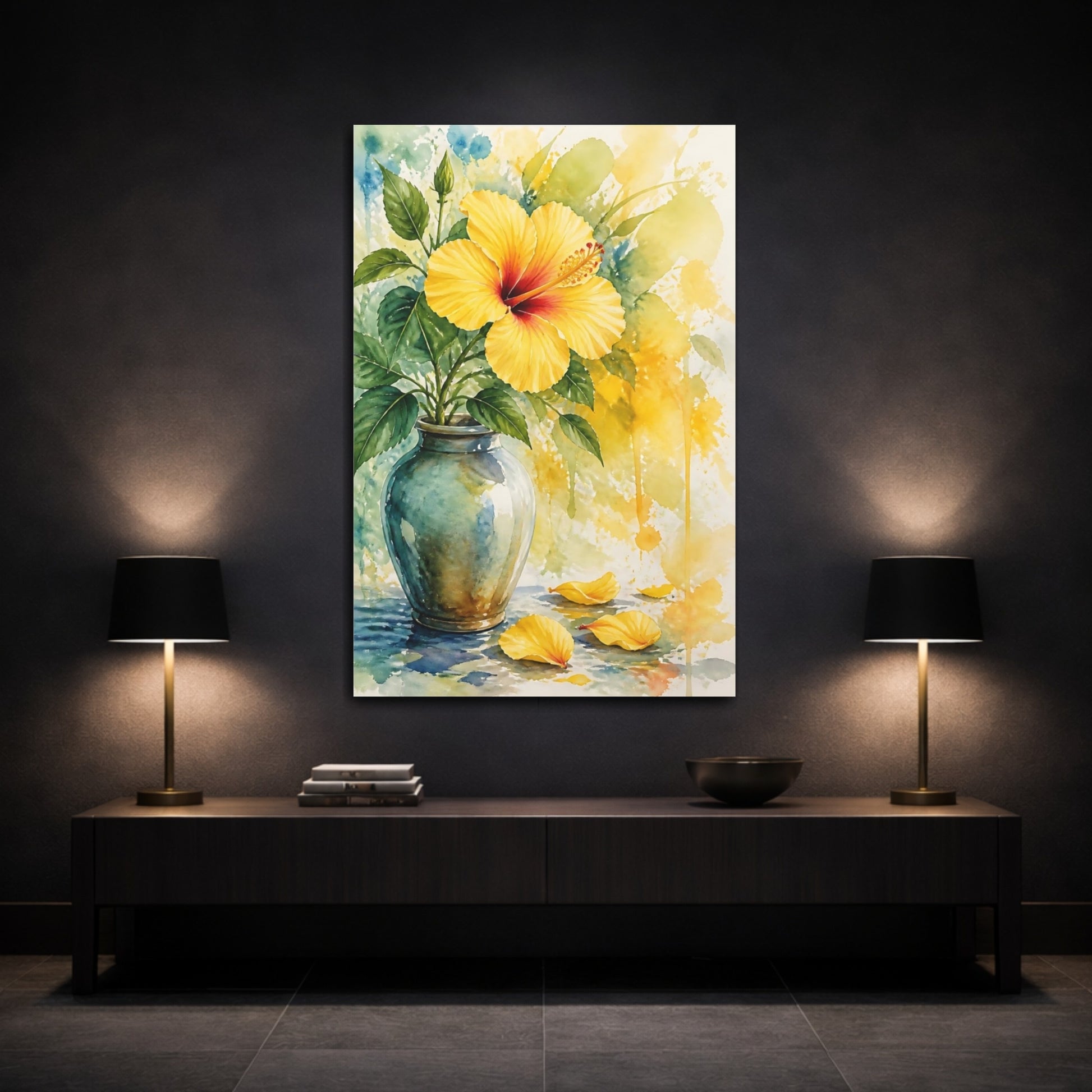 Mockup 3. Yellow Hibiscus Floral Study shown as canvas print