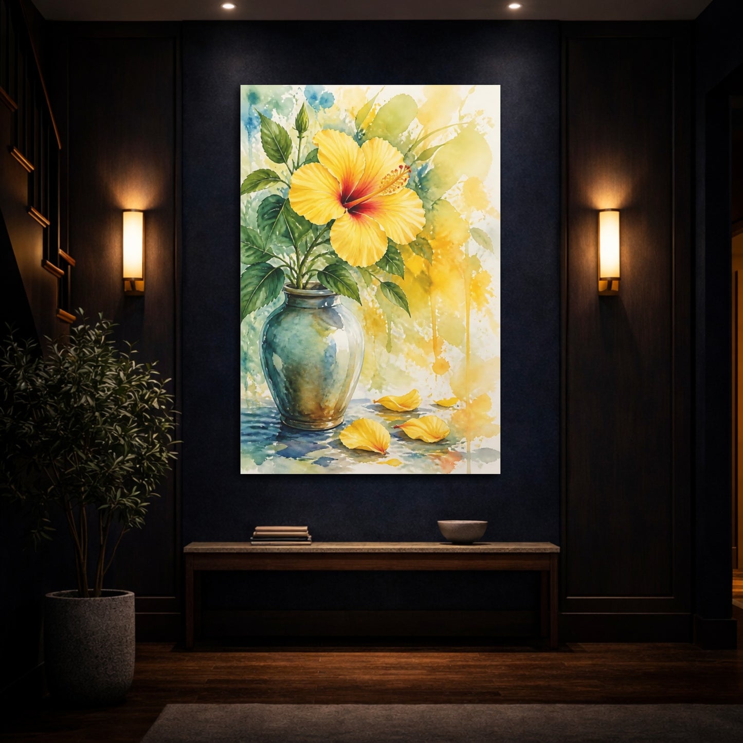 Mockup 4. Yellow Hibiscus Floral Study shown as canvas print