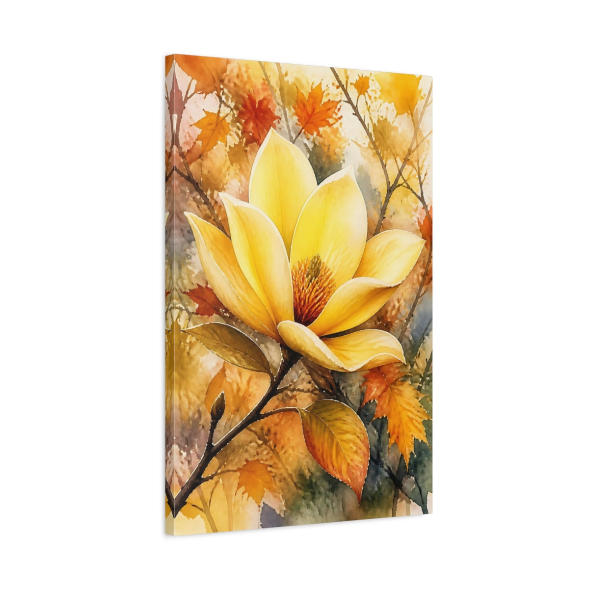 Side Mockup 2. Yellow Magnolia Flower shown as canvas print