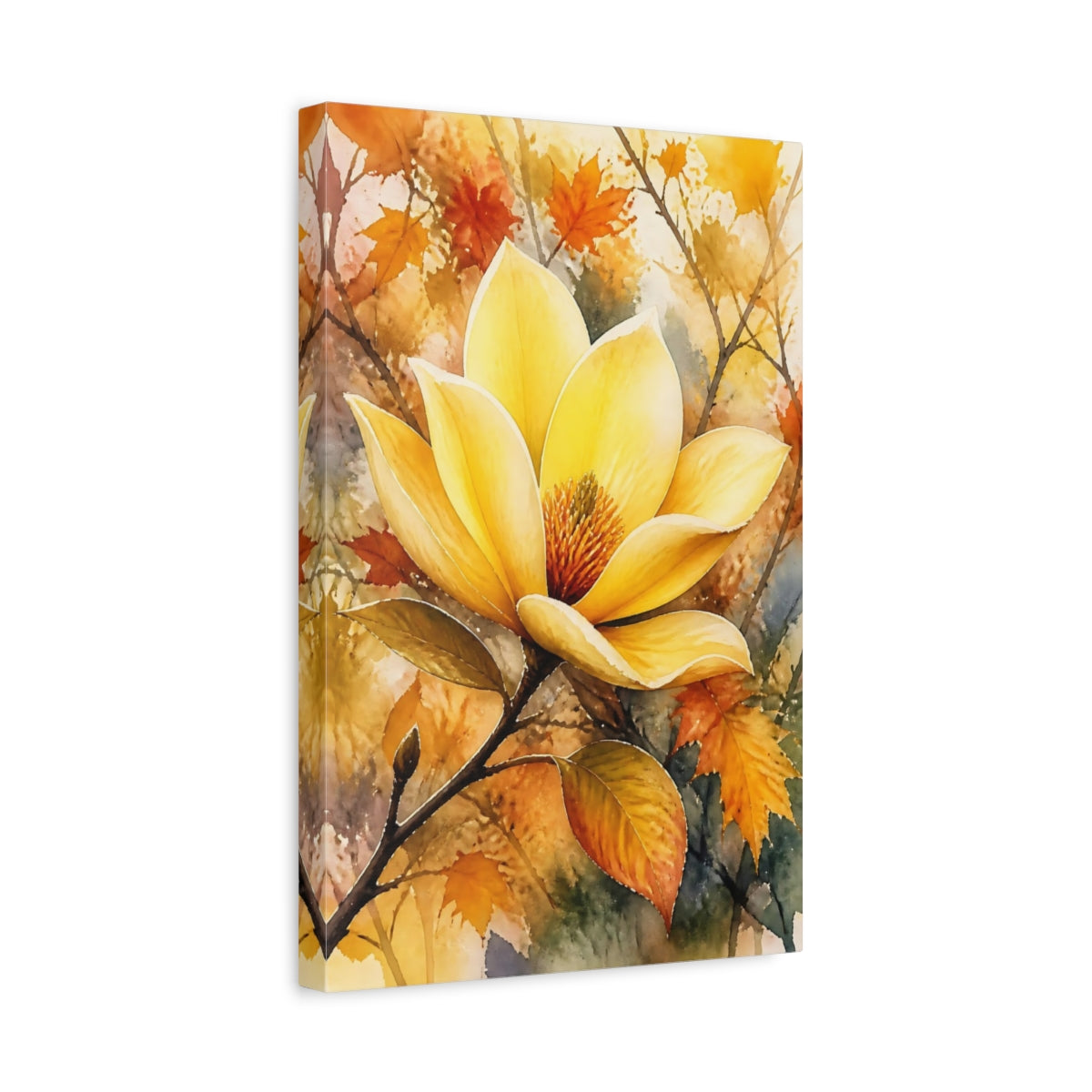 Side Mockup 4. Yellow Magnolia Flower shown as canvas print