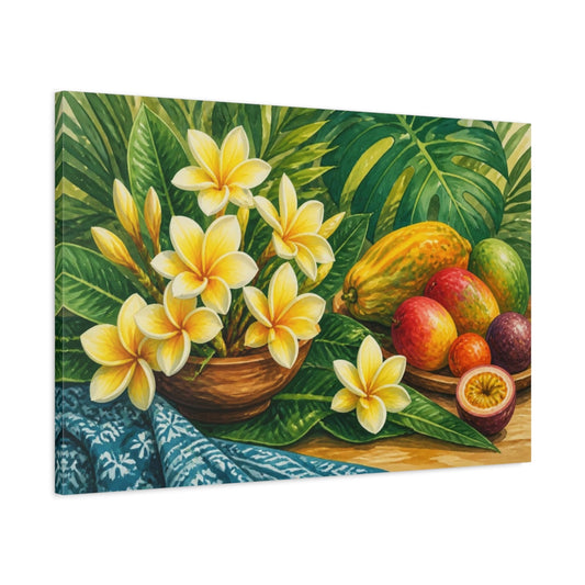 Main Mockup. Yellow Plumeria With Fruit shown as canvas print