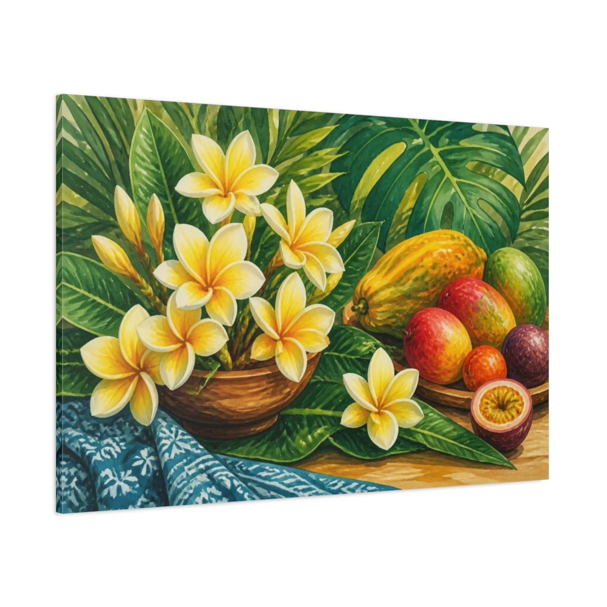 Side Mockup 1. Yellow Plumeria With Fruit shown as canvas print