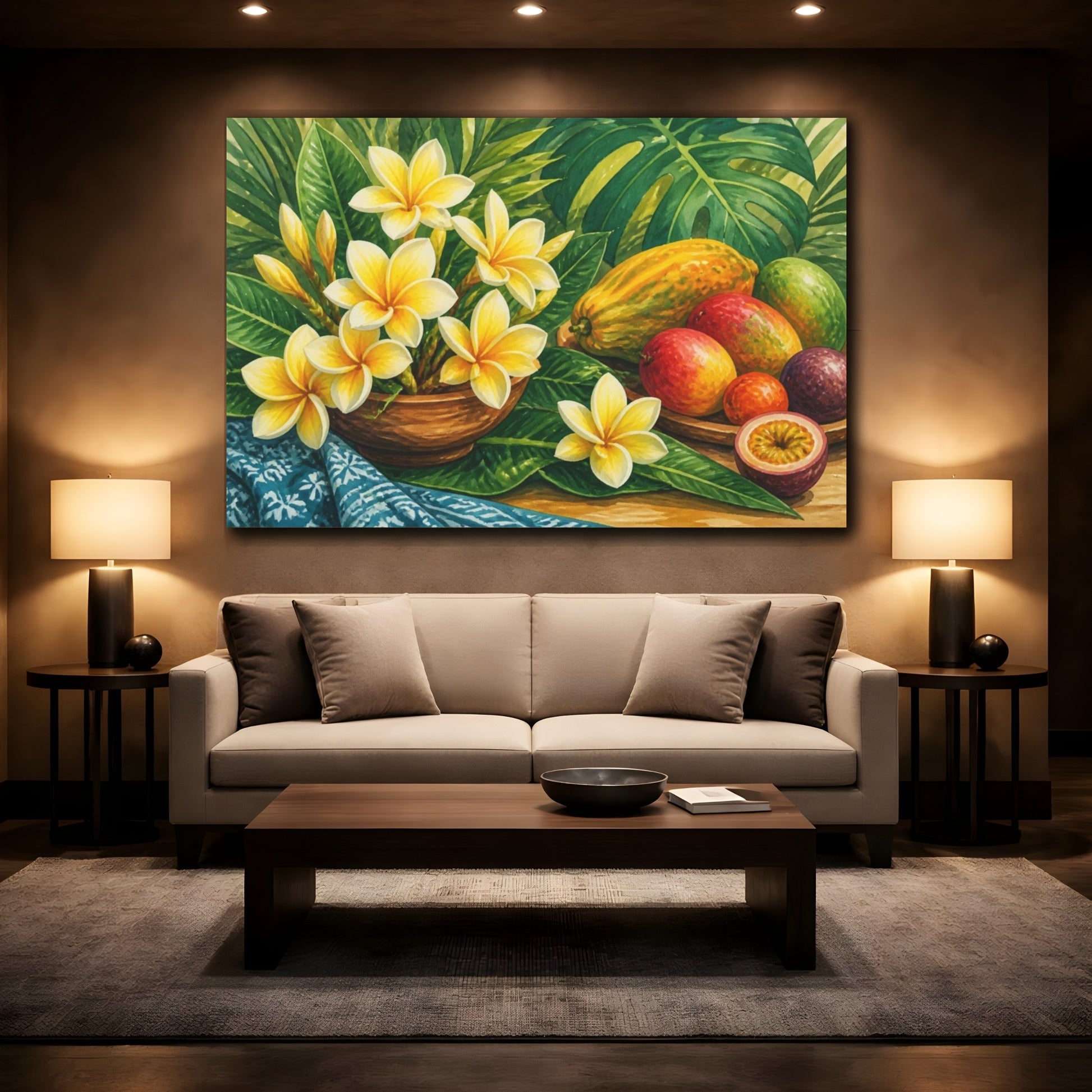 Mockup 2. Yellow Plumeria With Fruit shown as canvas print