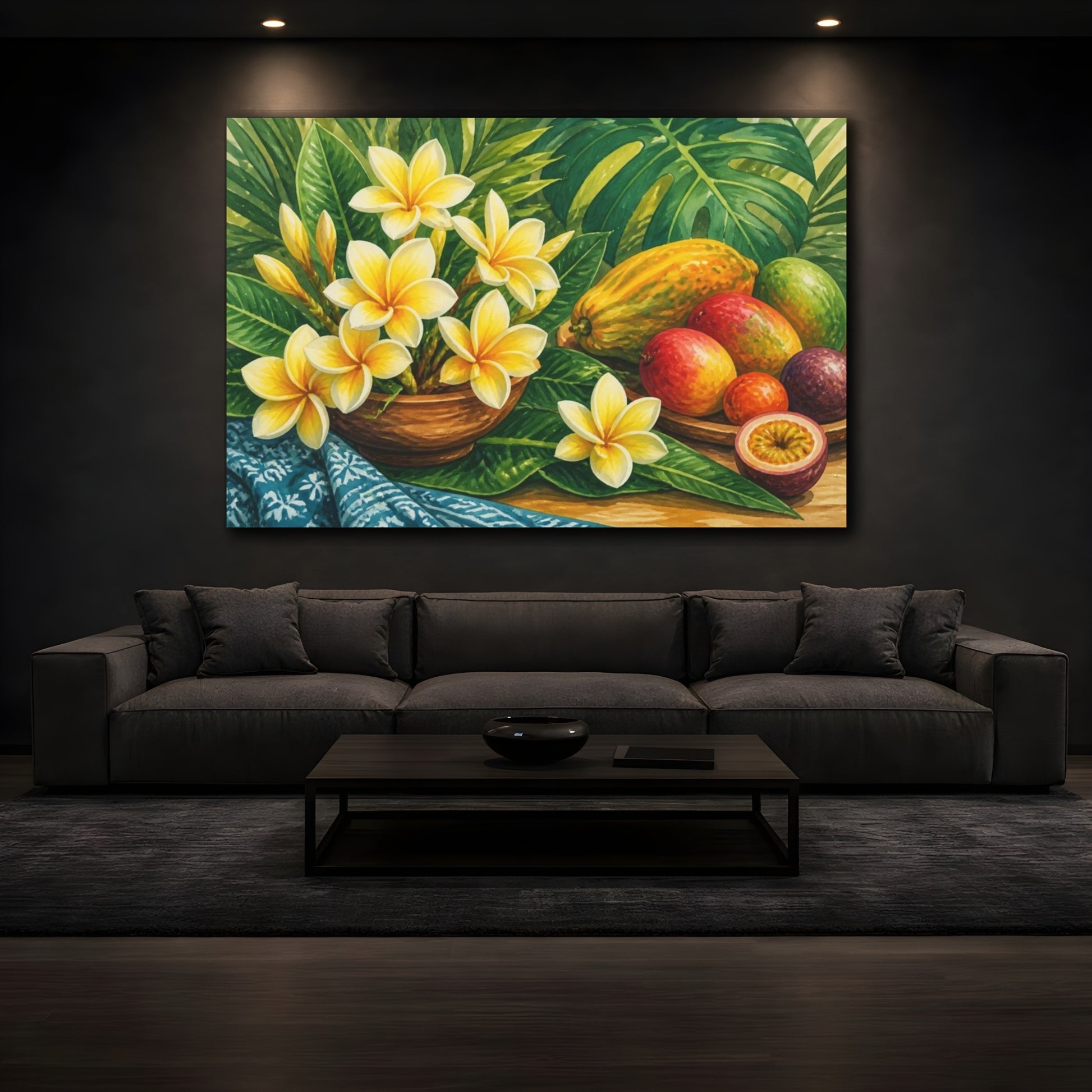 Mockup 3. Yellow Plumeria With Fruit shown as canvas print