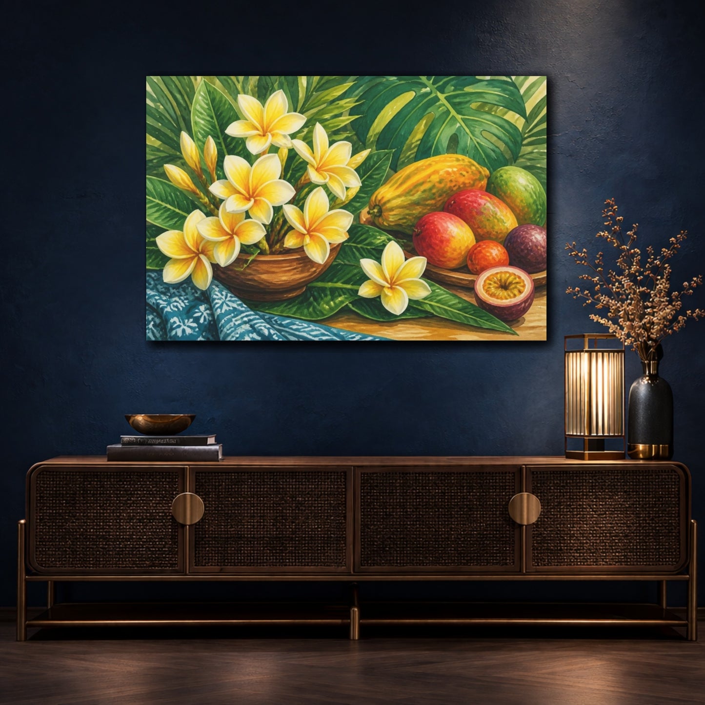 Mockup 4. Yellow Plumeria With Fruit shown as canvas print