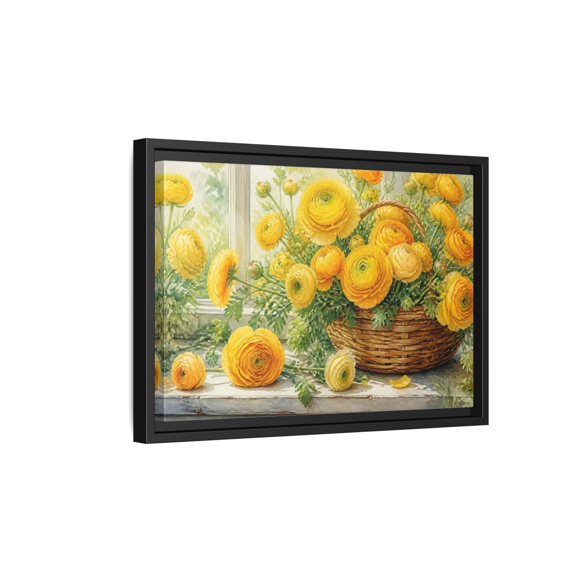 Side Mockup 6. Yellow Ranunculus Flowers Basket shown as framed canvas print