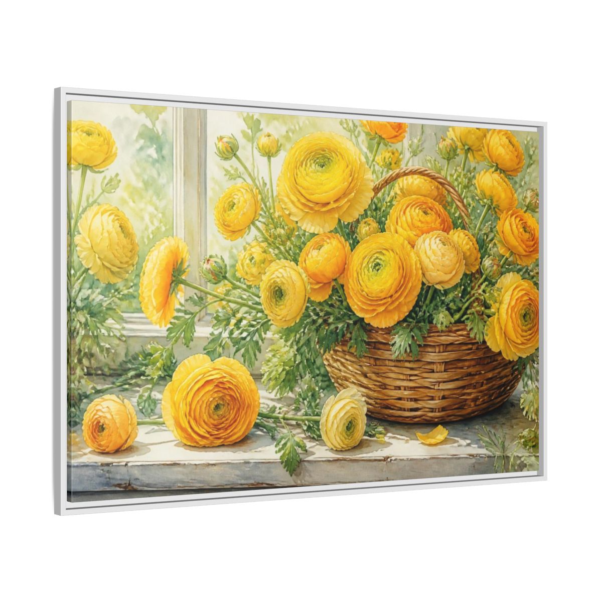 Side Mockup 7. Yellow Ranunculus Flowers Basket shown as framed canvas print