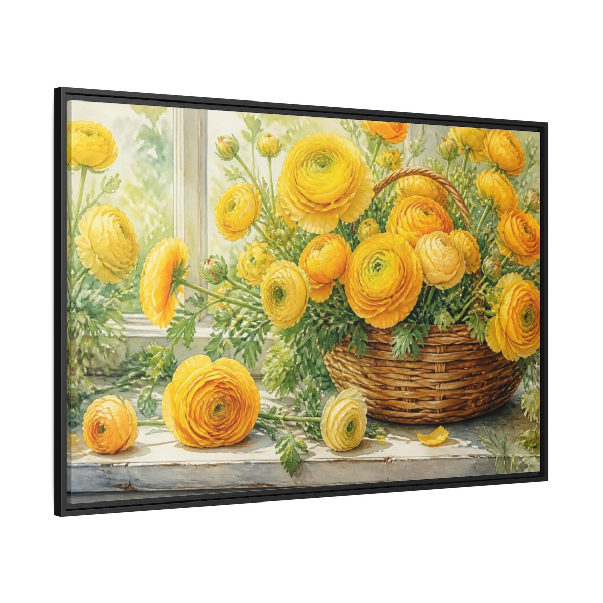 Side Mockup 12. Yellow Ranunculus Flowers Basket shown as framed canvas print