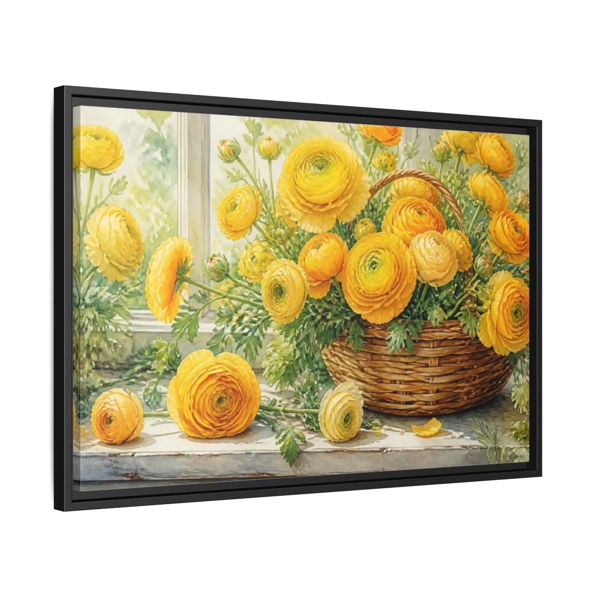 Side Mockup 14. Yellow Ranunculus Flowers Basket shown as framed canvas print