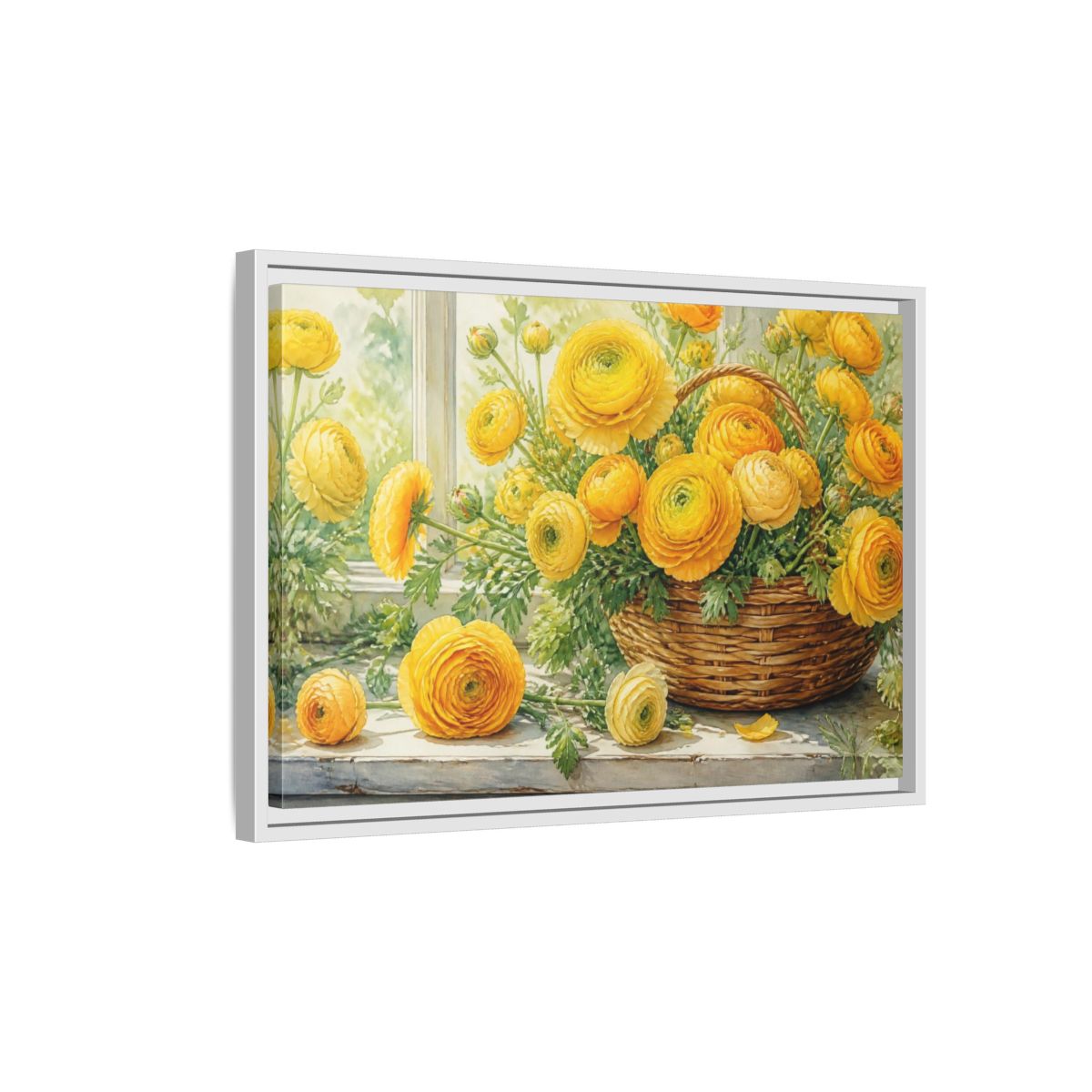 Side Mockup 1. Yellow Ranunculus Flowers Basket shown as framed canvas print