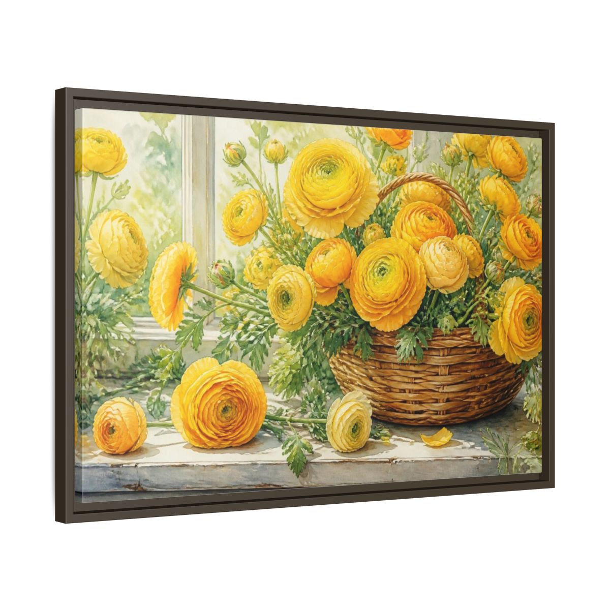 Side Mockup 11. Yellow Ranunculus Flowers Basket shown as framed canvas print