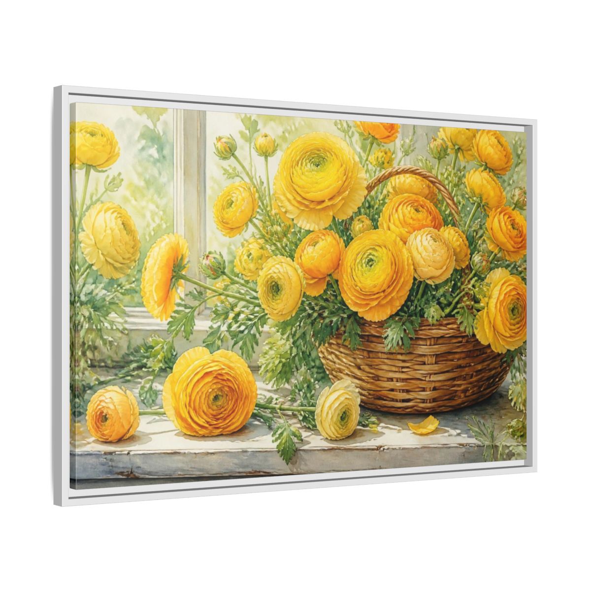 Side Mockup 9. Yellow Ranunculus Flowers Basket shown as framed canvas print