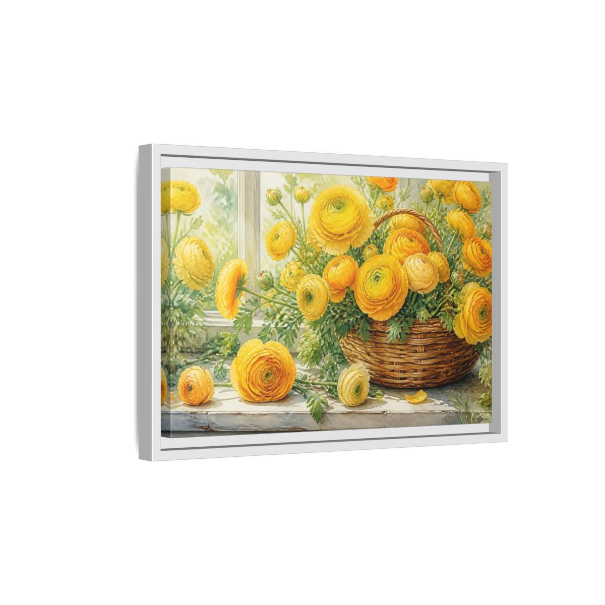 Side Mockup 4. Yellow Ranunculus Flowers Basket shown as framed canvas print