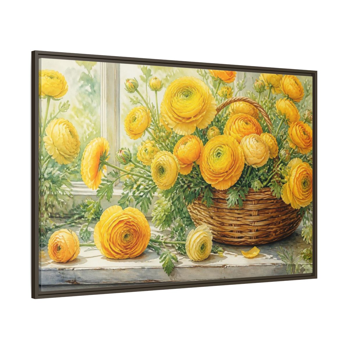 Side Mockup 8. Yellow Ranunculus Flowers Basket shown as framed canvas print