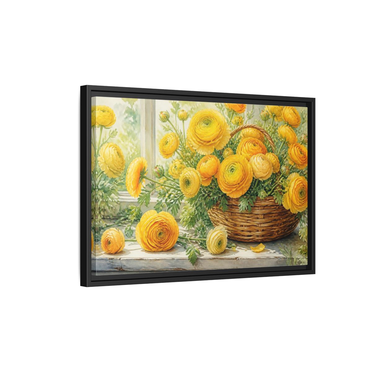 Side Mockup 3. Yellow Ranunculus Flowers Basket shown as framed canvas print