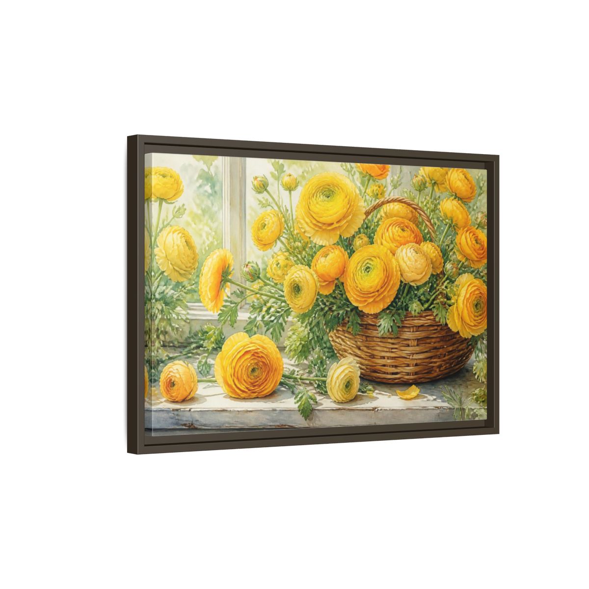 Side Mockup 2. Yellow Ranunculus Flowers Basket shown as framed canvas print