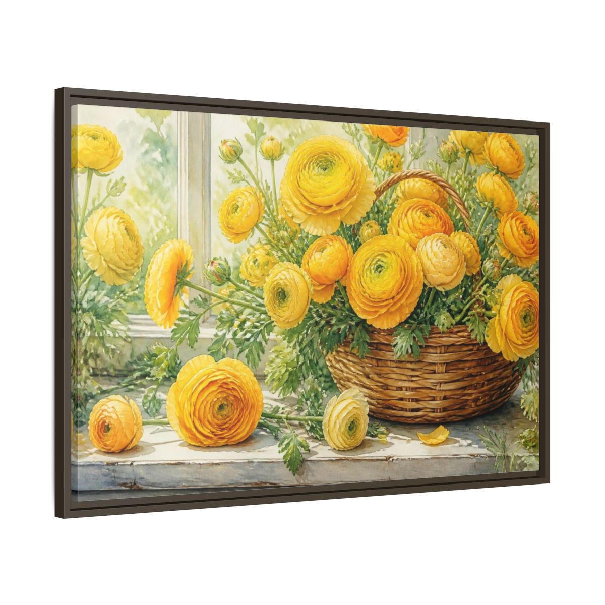 Main Mockup. Yellow Ranunculus Flowers Basket shown as framed canvas print