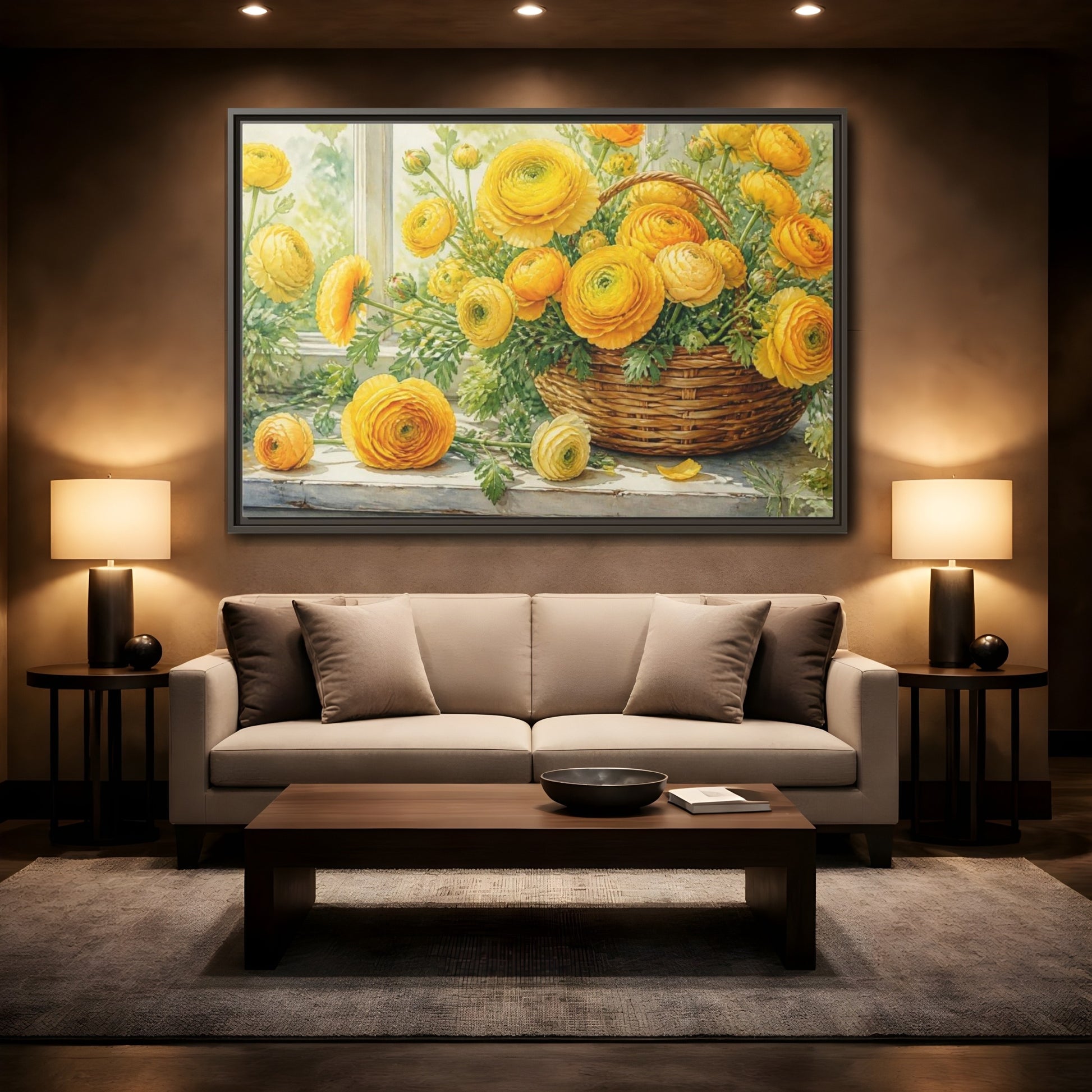 Mockup 2. Yellow Ranunculus Flowers Basket shown as framed canvas print