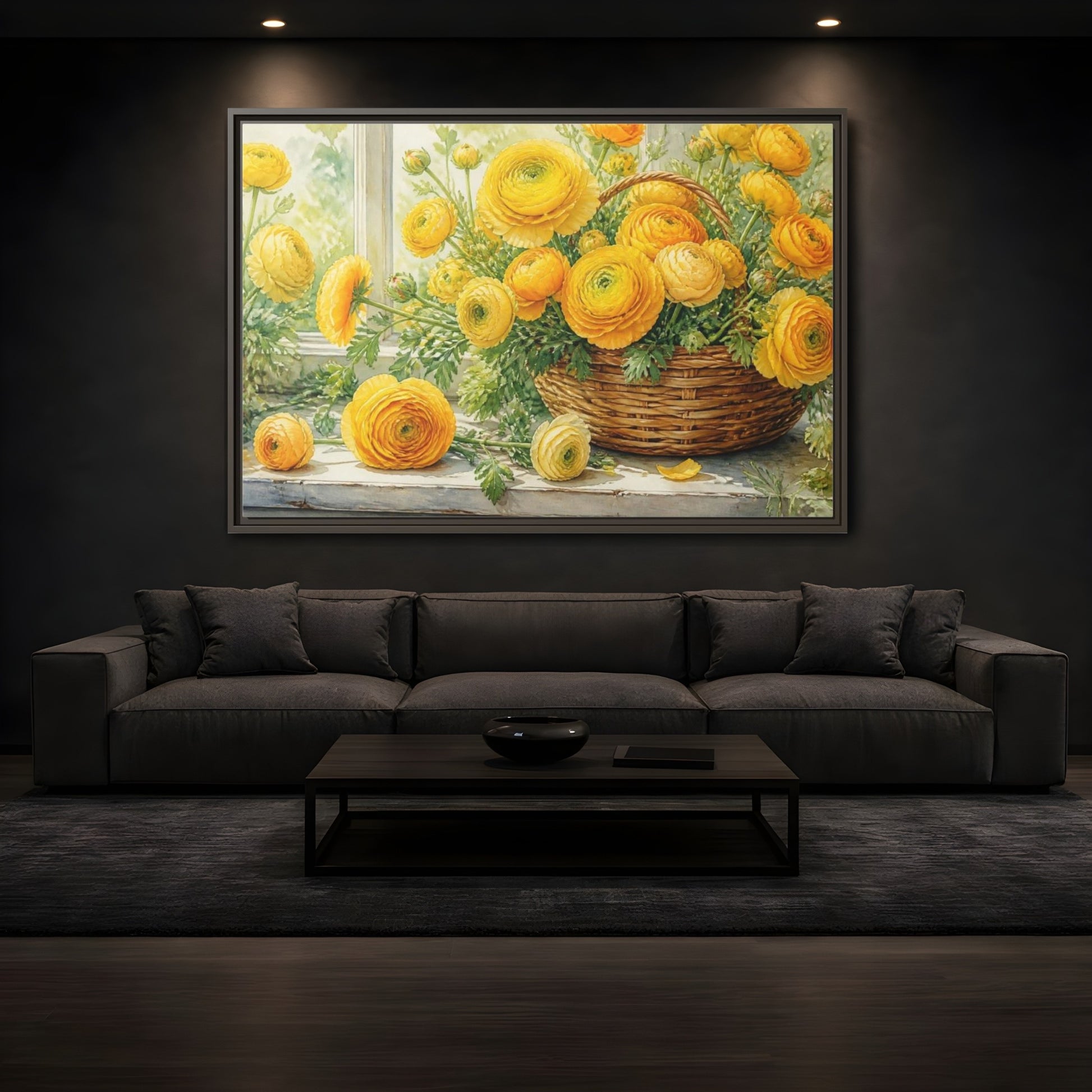 Mockup 3. Yellow Ranunculus Flowers Basket shown as framed canvas print