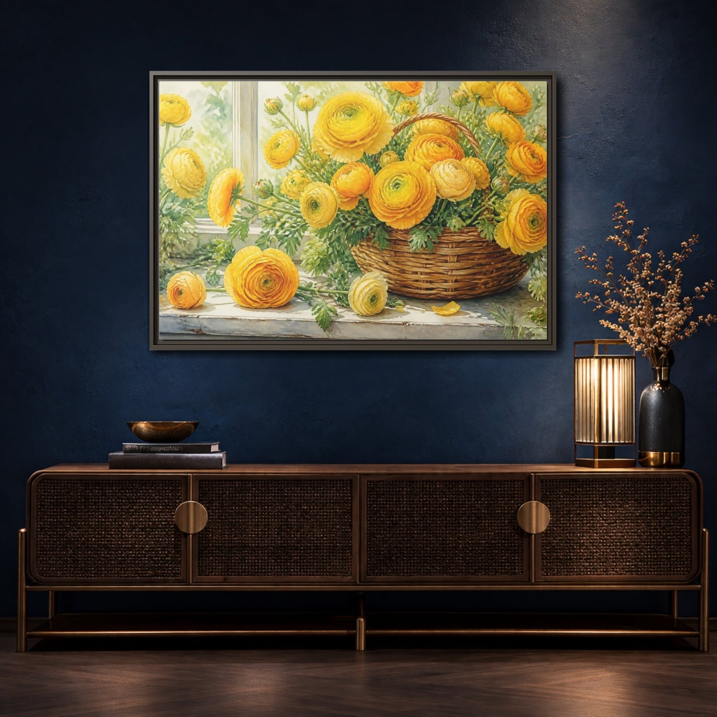 Mockup 4. Yellow Ranunculus Flowers Basket shown as framed canvas print