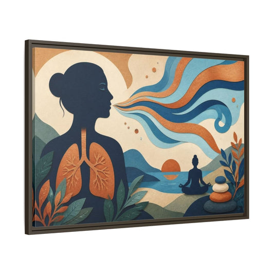 Yoga Breath Silhouette Framed Canvas Print – Studio, Gallery Wall, Blue And Copper - YesArtYes