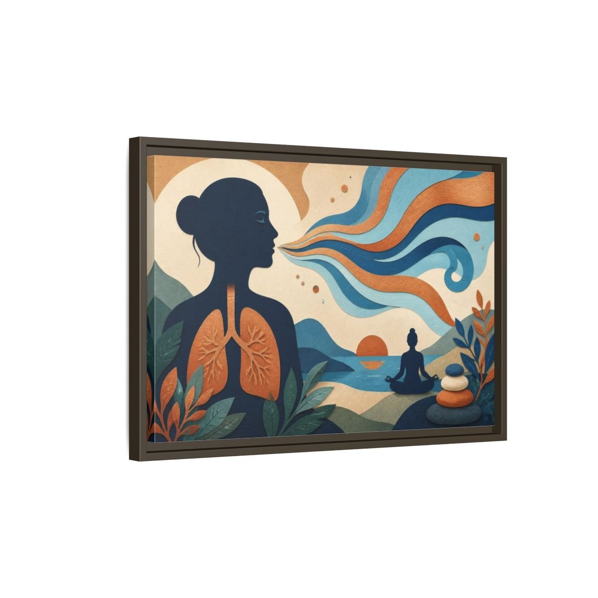 Yoga Breath Silhouette Framed Canvas Print – Studio, Gallery Wall, Blue And Copper - YesArtYes