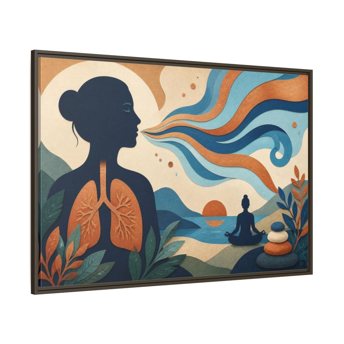 Yoga Breath Silhouette Framed Canvas Print – Studio, Gallery Wall, Blue And Copper - YesArtYes