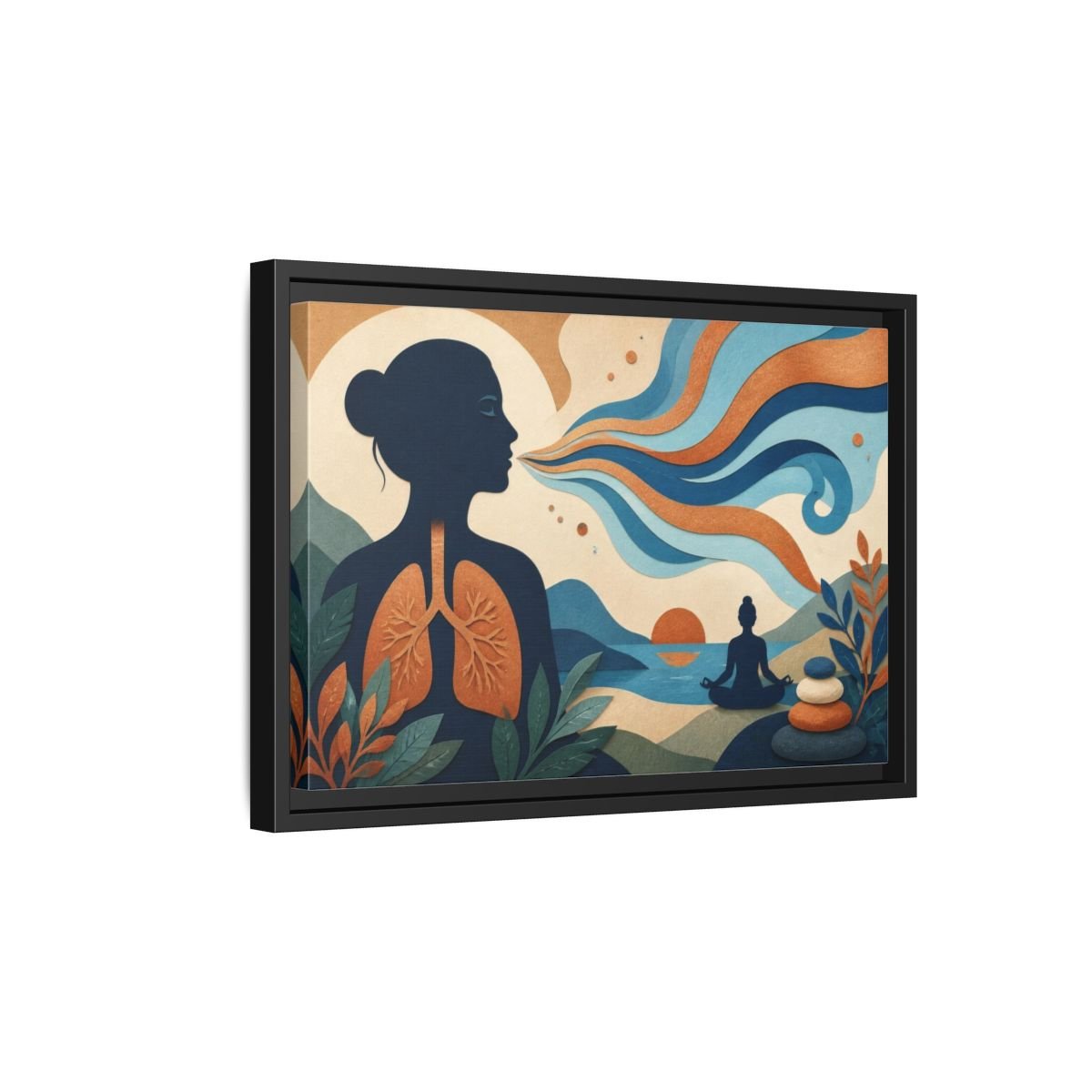 Yoga Breath Silhouette Framed Canvas Print – Studio, Gallery Wall, Blue And Copper - YesArtYes