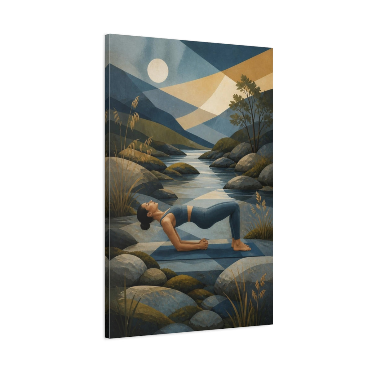 Main Mockup. Yoga Bridge By River shown as canvas print