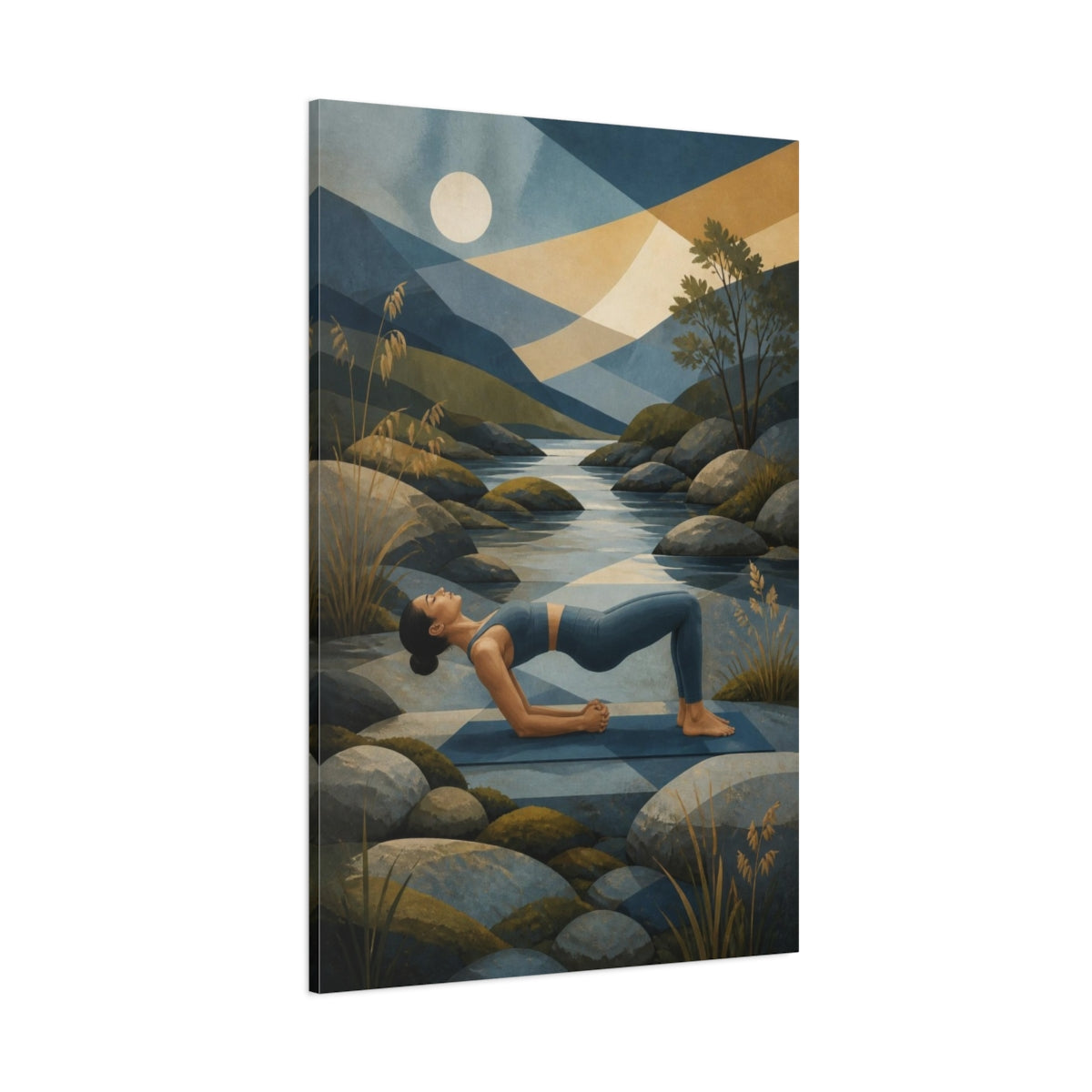 Side Mockup 1. Yoga Bridge By River shown as canvas print