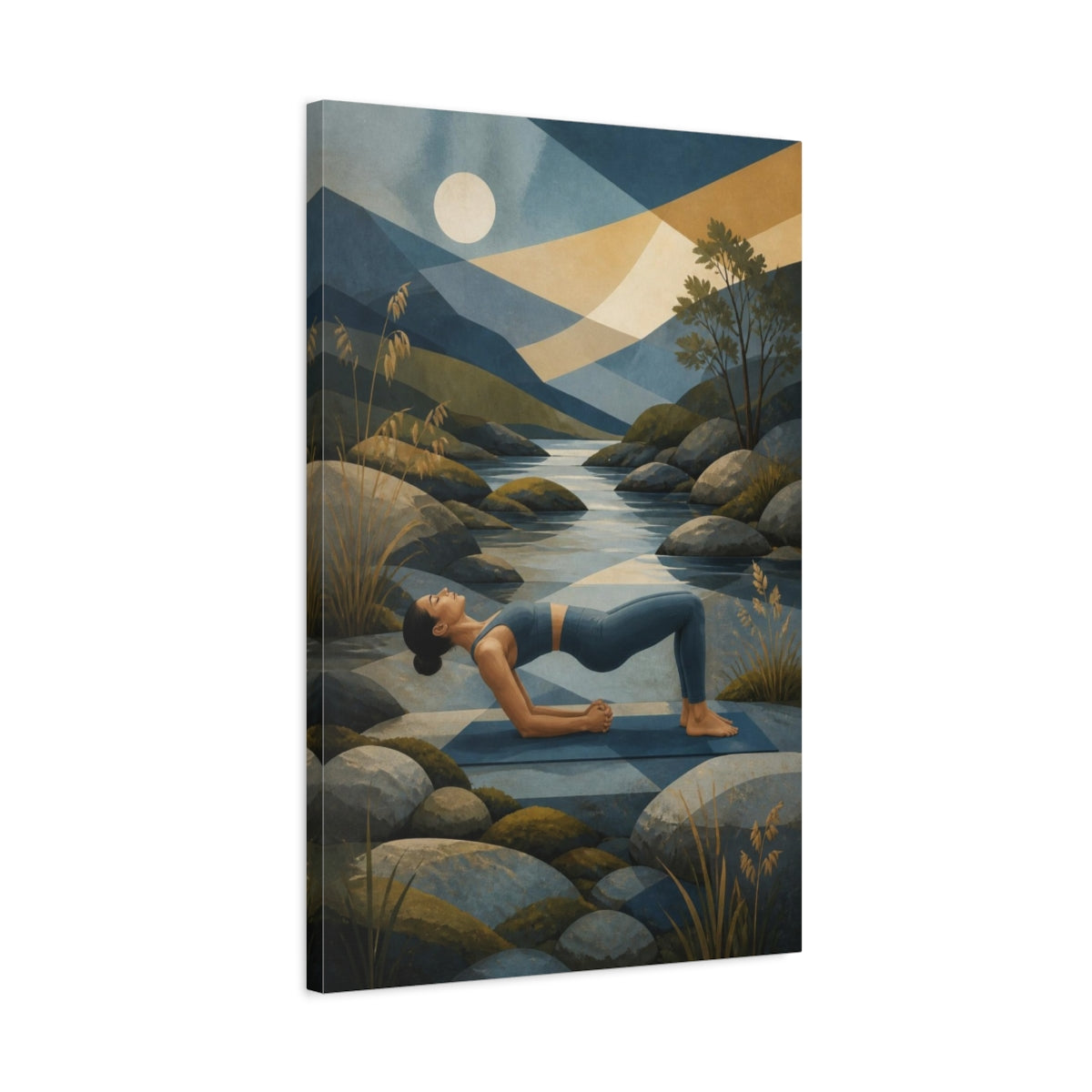 Side Mockup 2. Yoga Bridge By River shown as canvas print