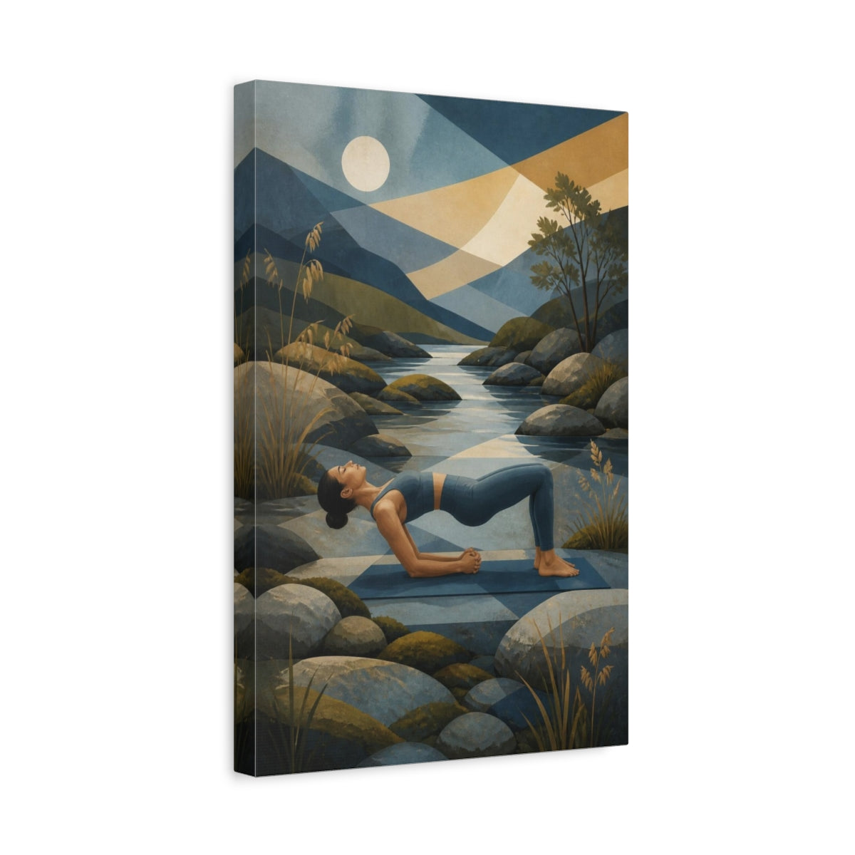 Side Mockup 4. Yoga Bridge By River shown as canvas print