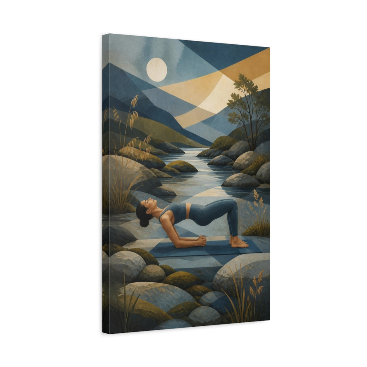 Side Mockup 3. Yoga Bridge By River shown as canvas print