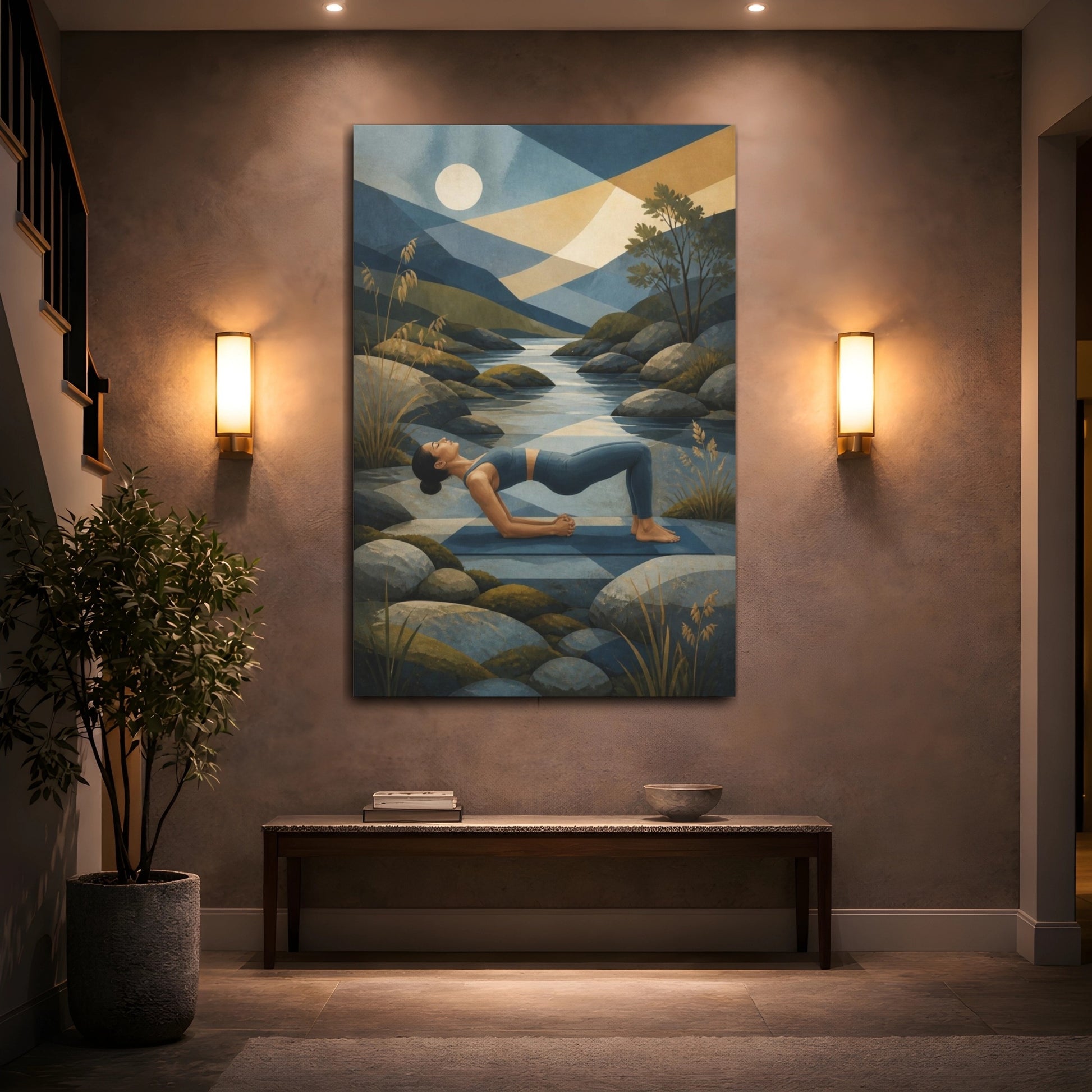 Mockup 2. Yoga Bridge By River shown as canvas print