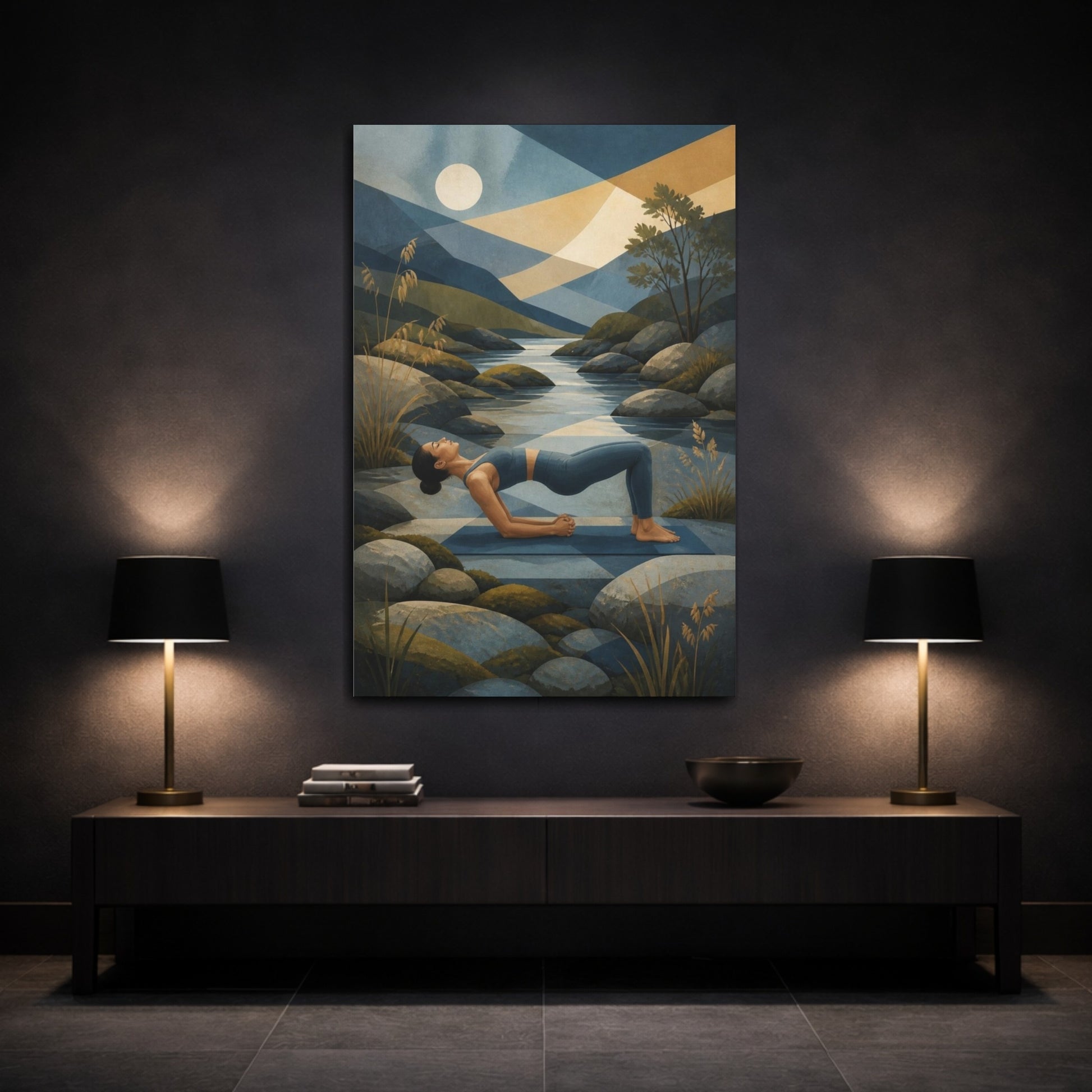 Mockup 3. Yoga Bridge By River shown as canvas print