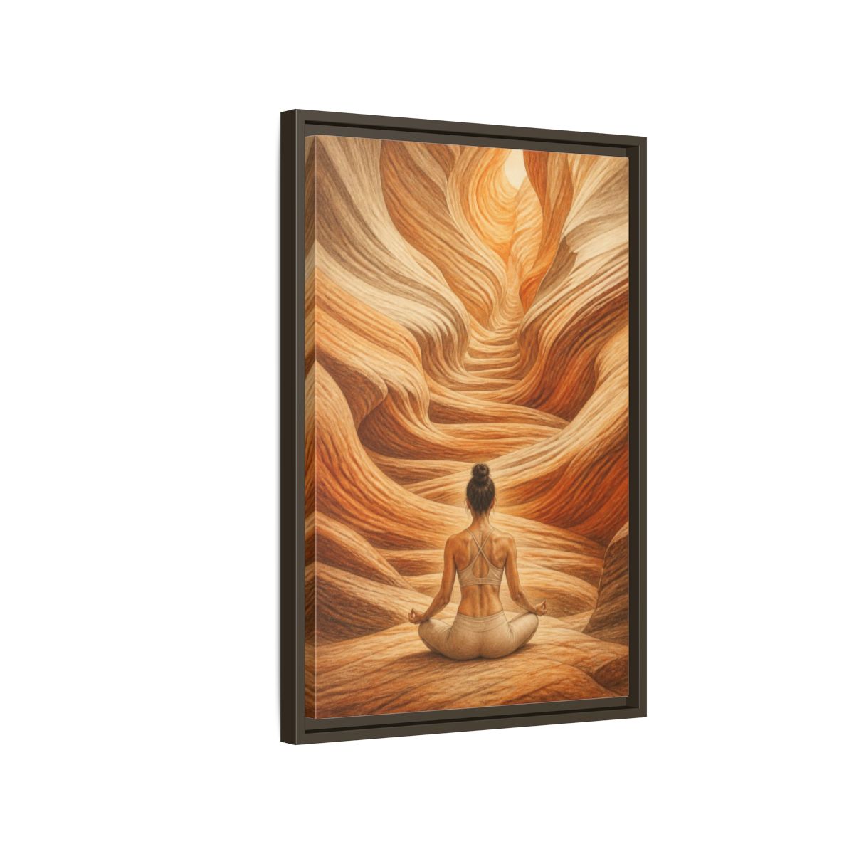 Side Mockup 2. Yoga Canyon Meditation shown as framed canvas print