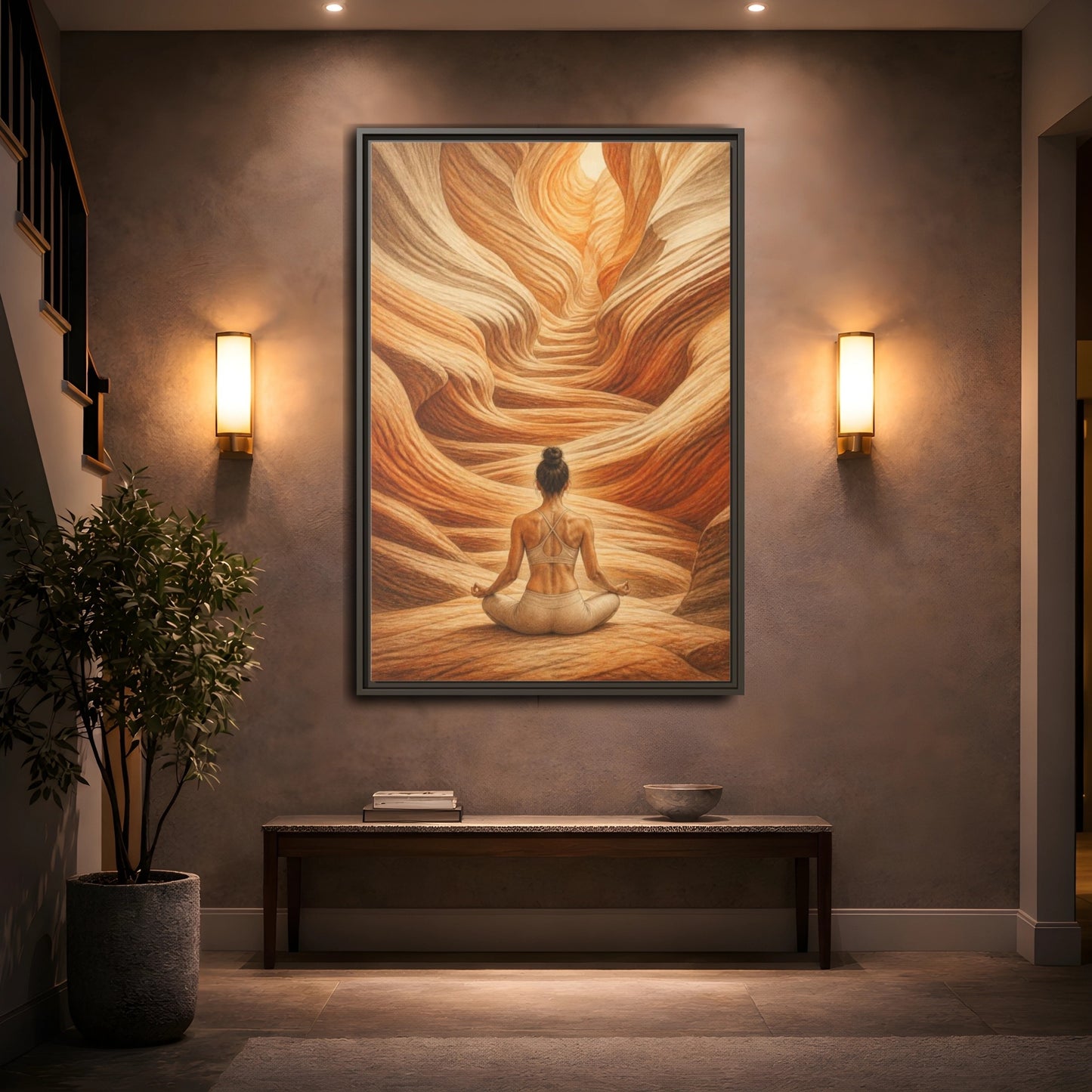 Mockup 2. Yoga Canyon Meditation shown as framed canvas print