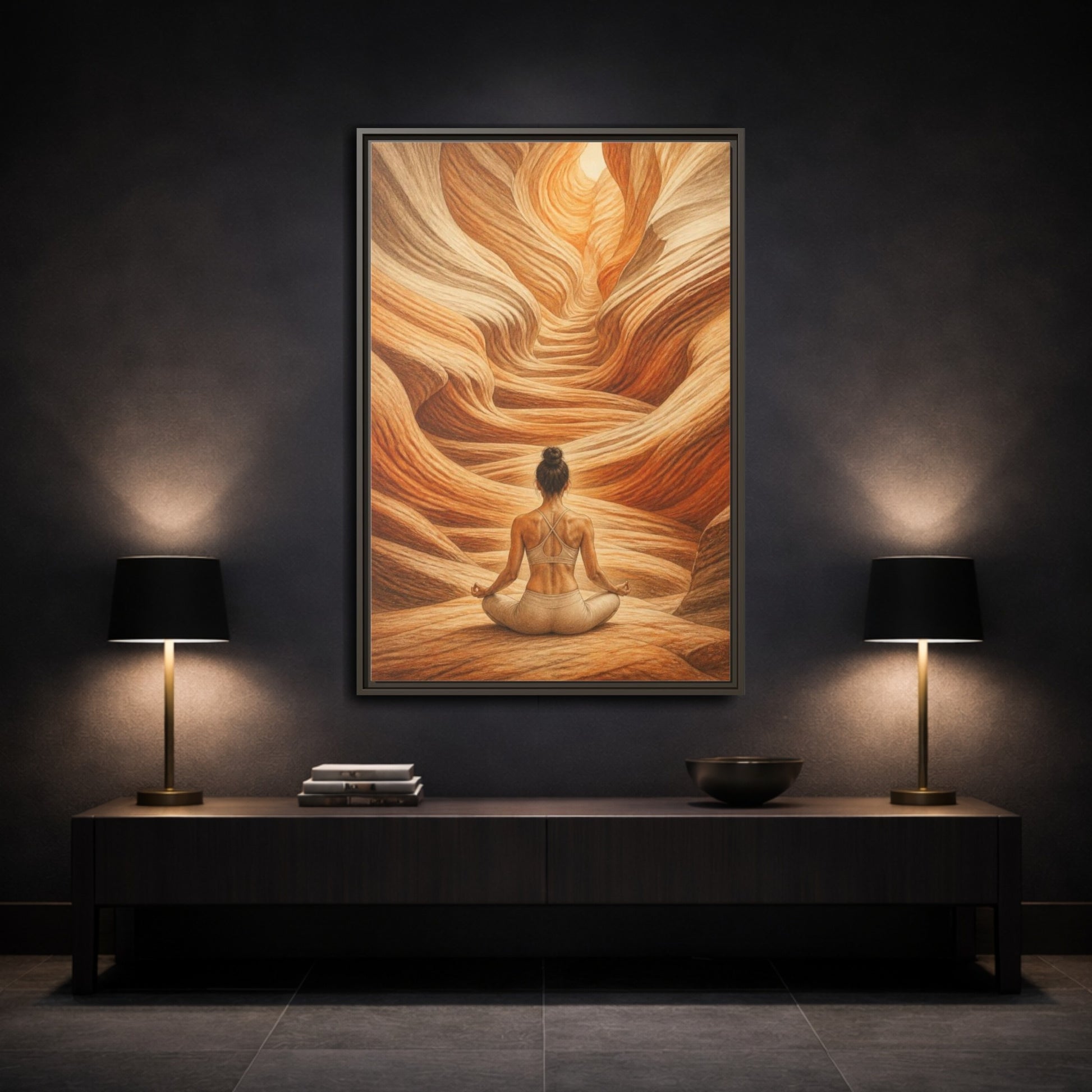 Mockup 3. Yoga Canyon Meditation shown as framed canvas print