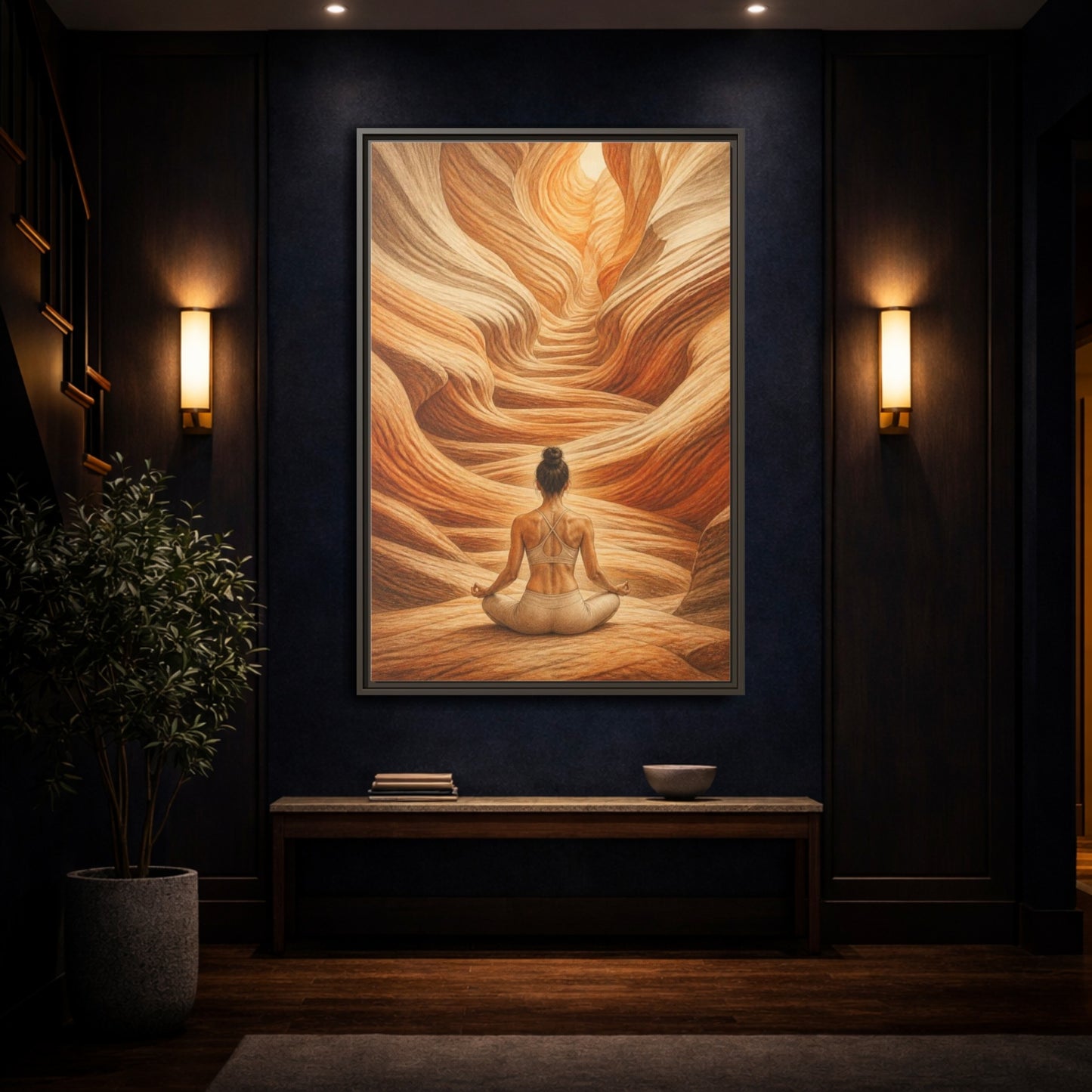 Mockup 4. Yoga Canyon Meditation shown as framed canvas print