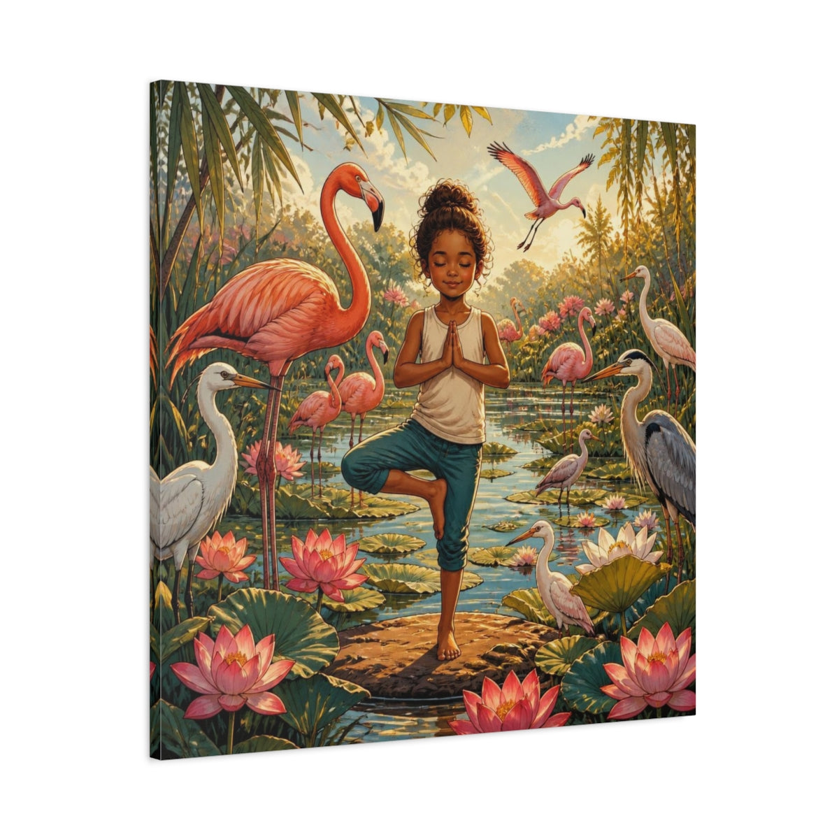 Main Mockup. Yoga Girl With Flamingos shown as canvas print