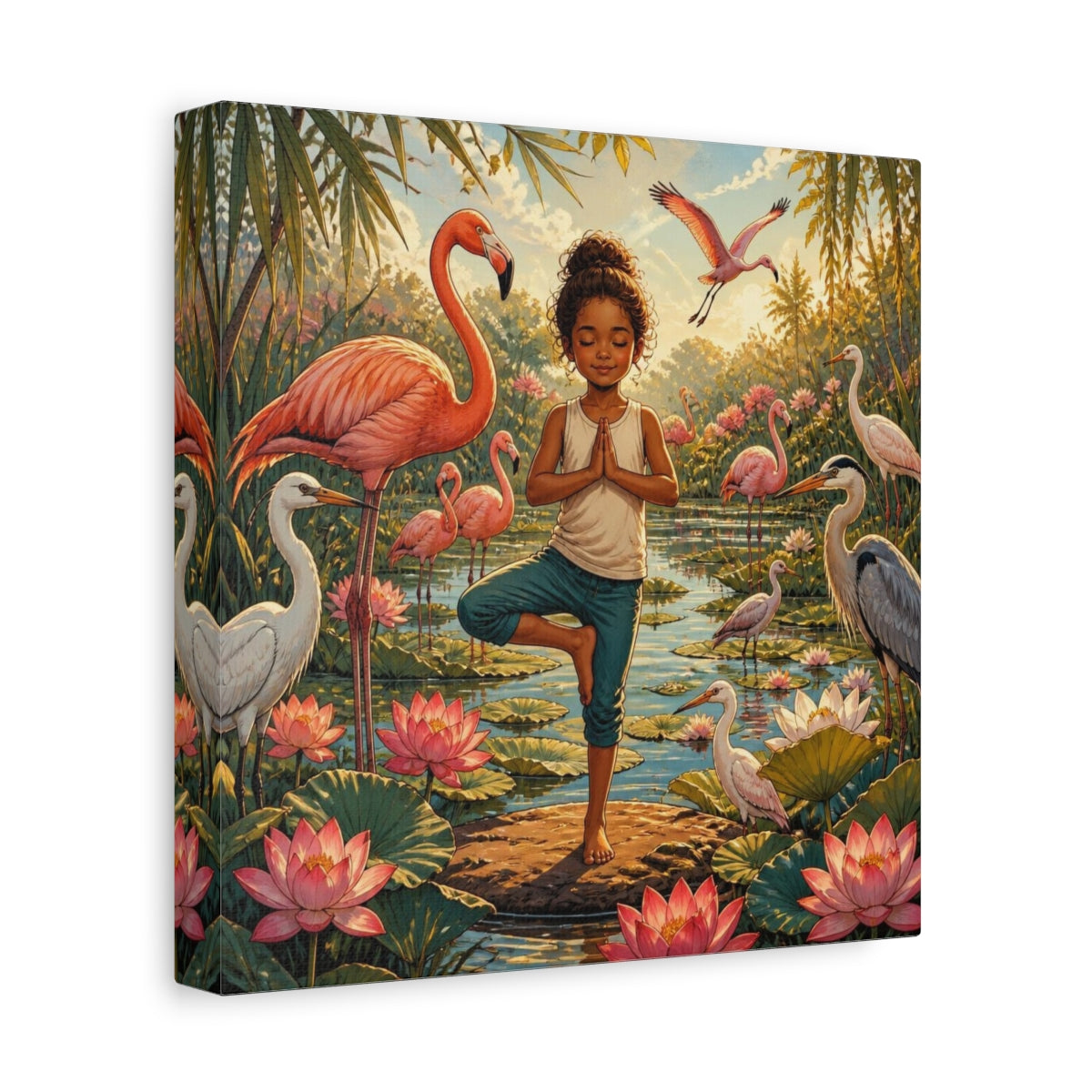Side Mockup 9. Yoga Girl With Flamingos shown as canvas print