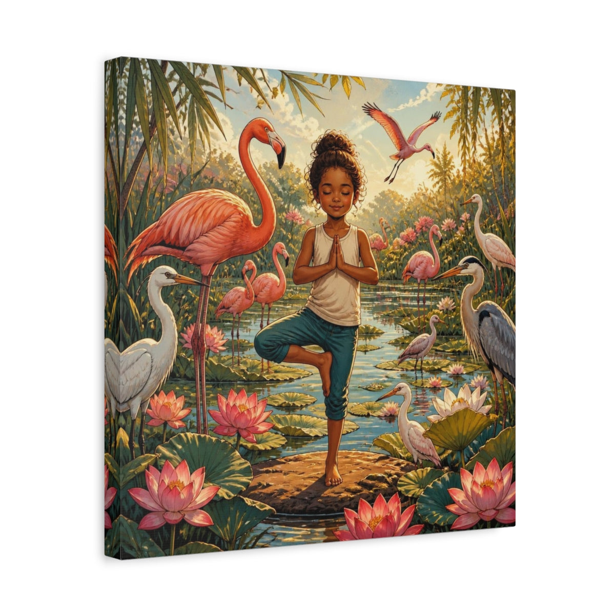 Side Mockup 6. Yoga Girl With Flamingos shown as canvas print