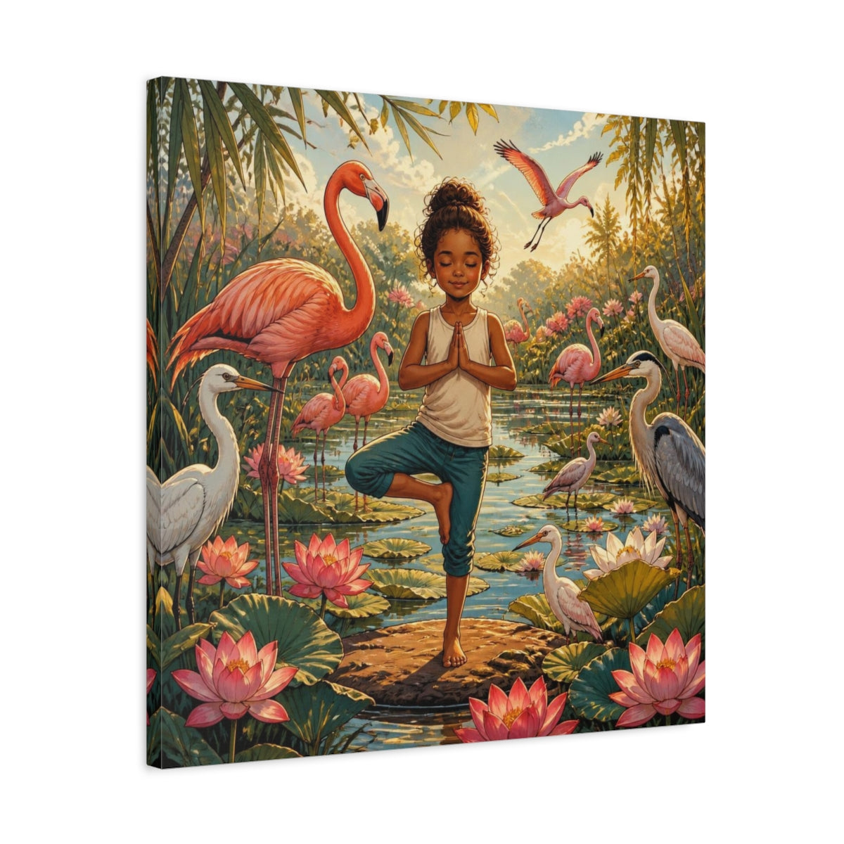Side Mockup 4. Yoga Girl With Flamingos shown as canvas print