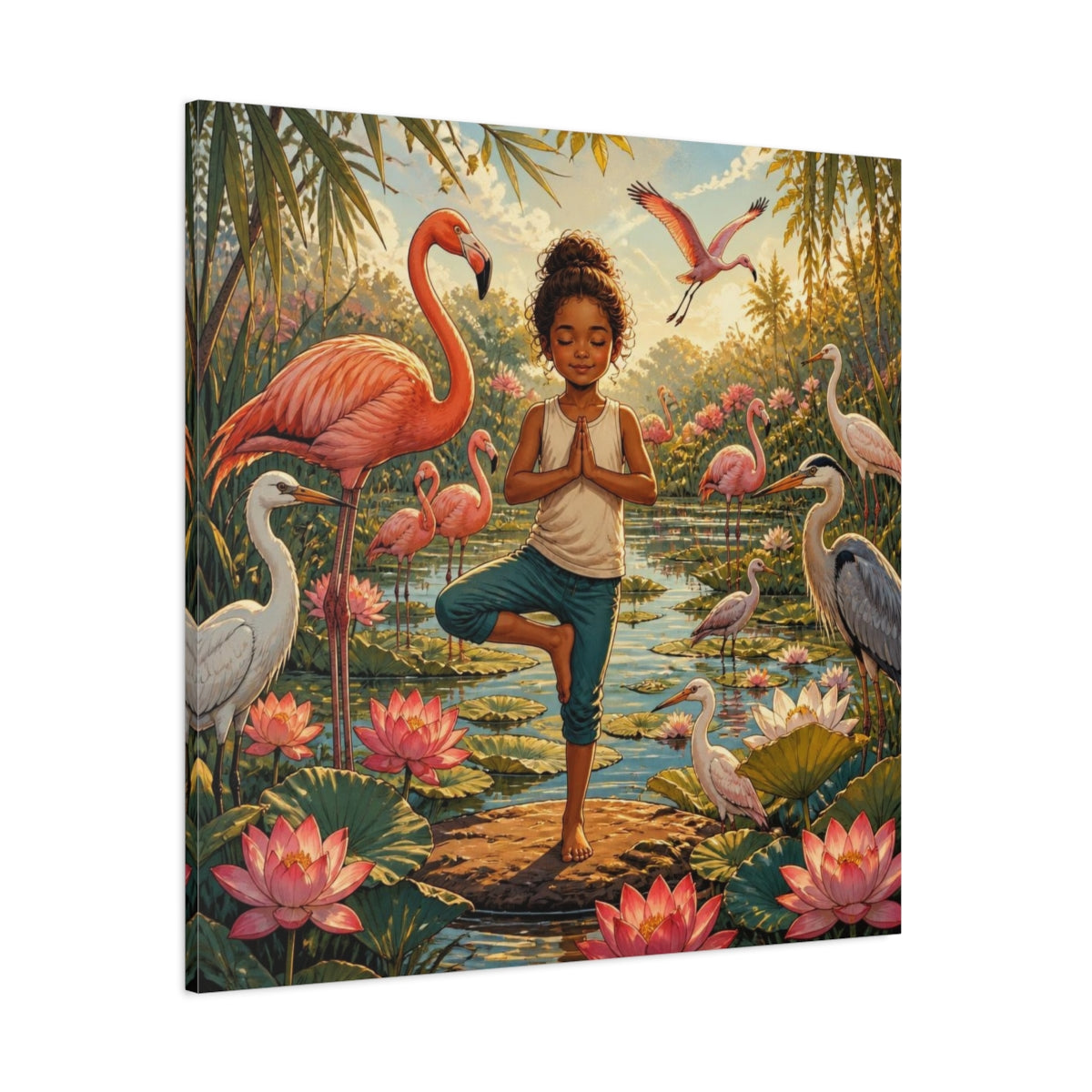 Side Mockup 1. Yoga Girl With Flamingos shown as canvas print