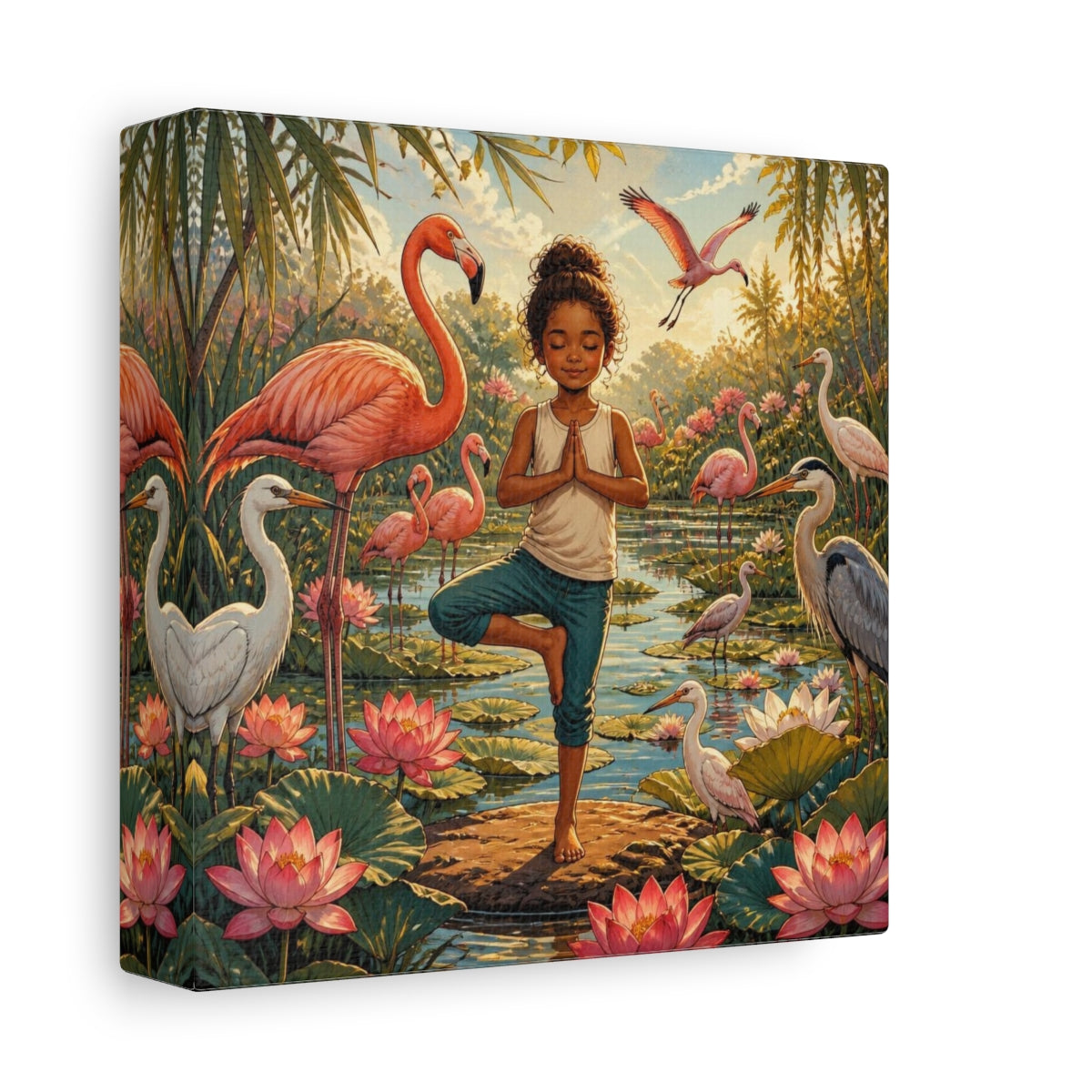 Side Mockup 2. Yoga Girl With Flamingos shown as canvas print