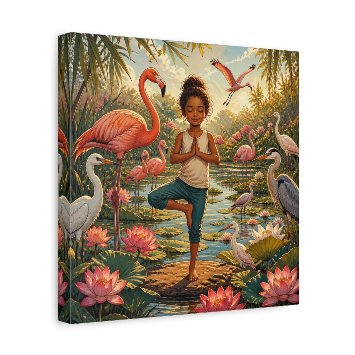 Side Mockup 8. Yoga Girl With Flamingos shown as canvas print