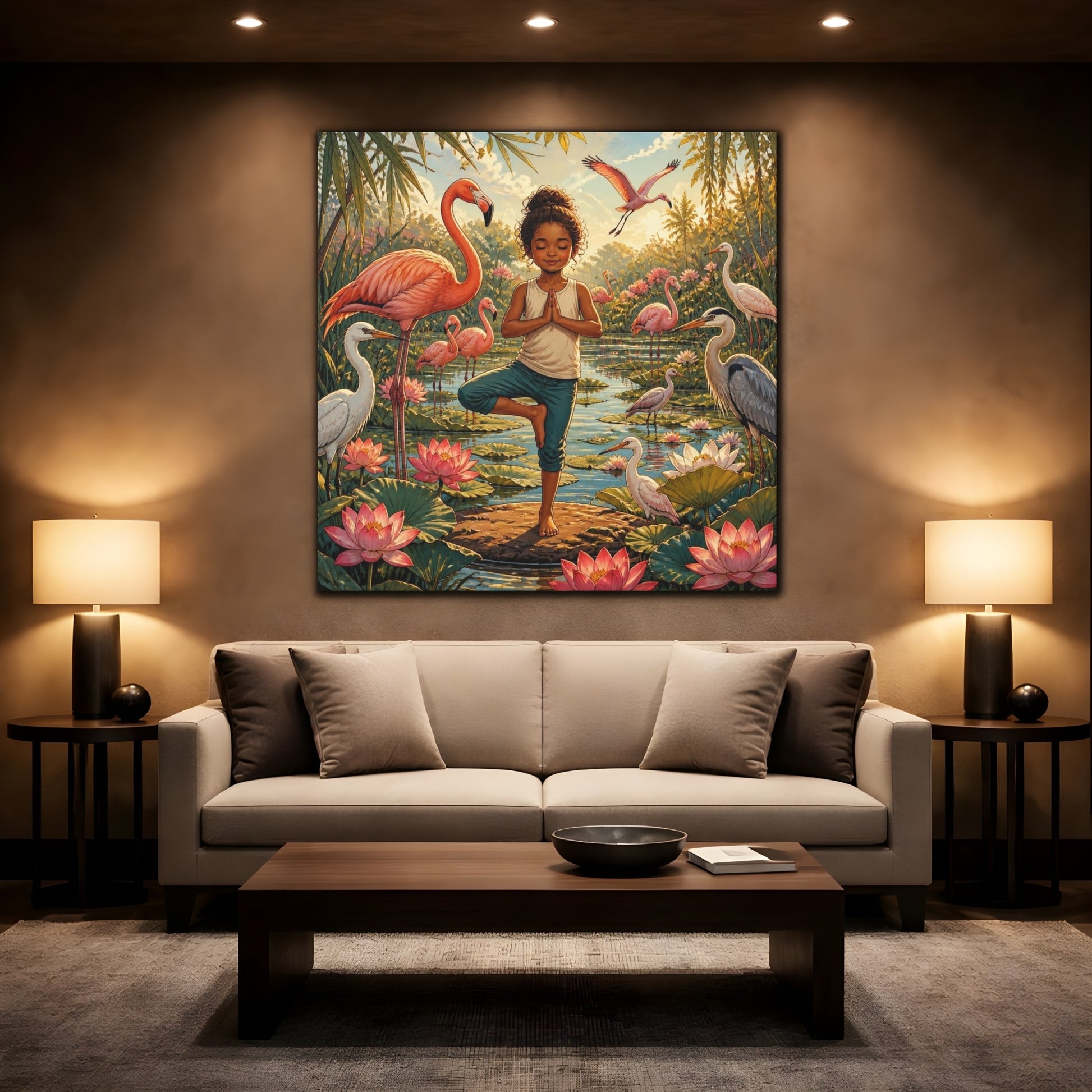 Mockup 2. Yoga Girl With Flamingos shown as canvas print