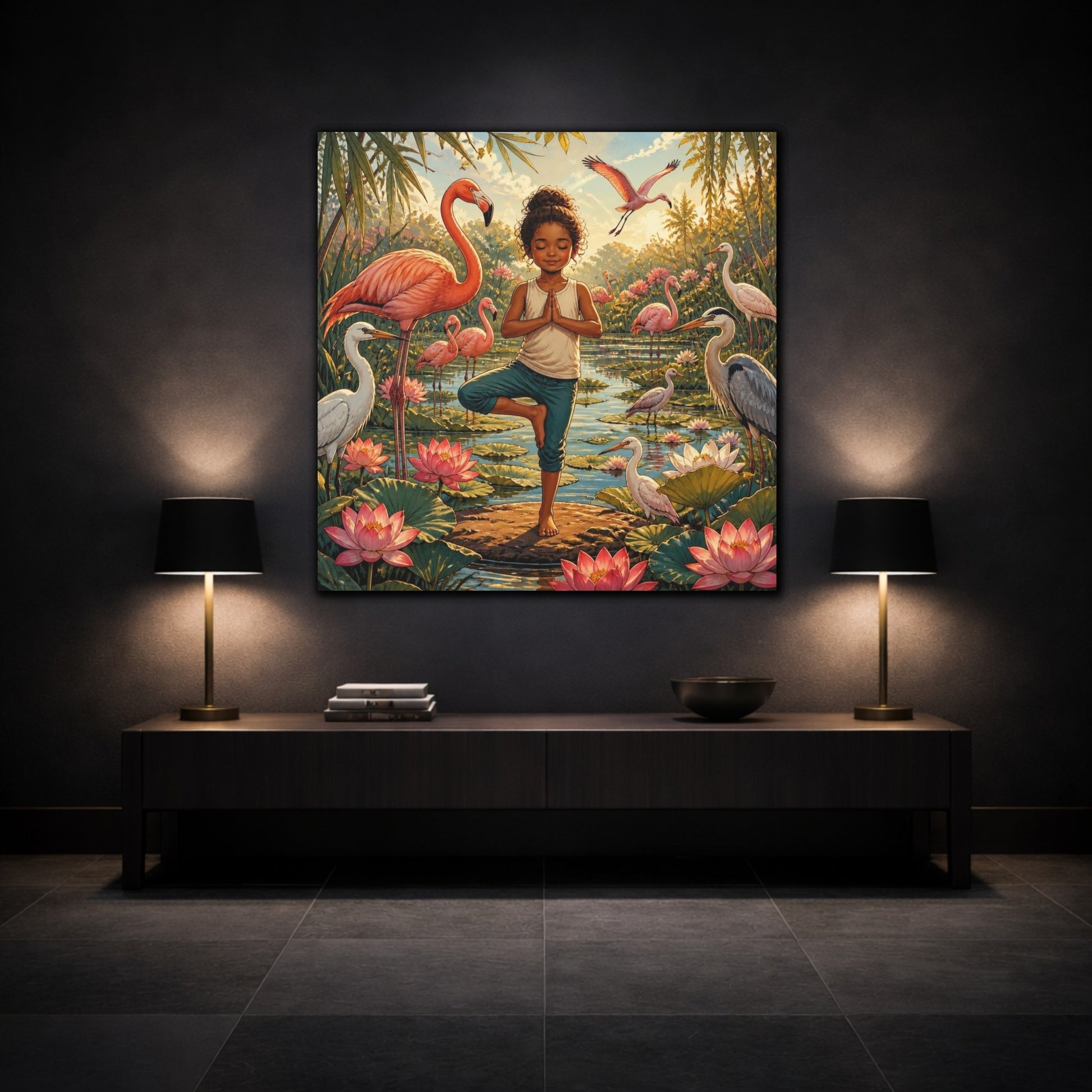 Mockup 3. Yoga Girl With Flamingos shown as canvas print